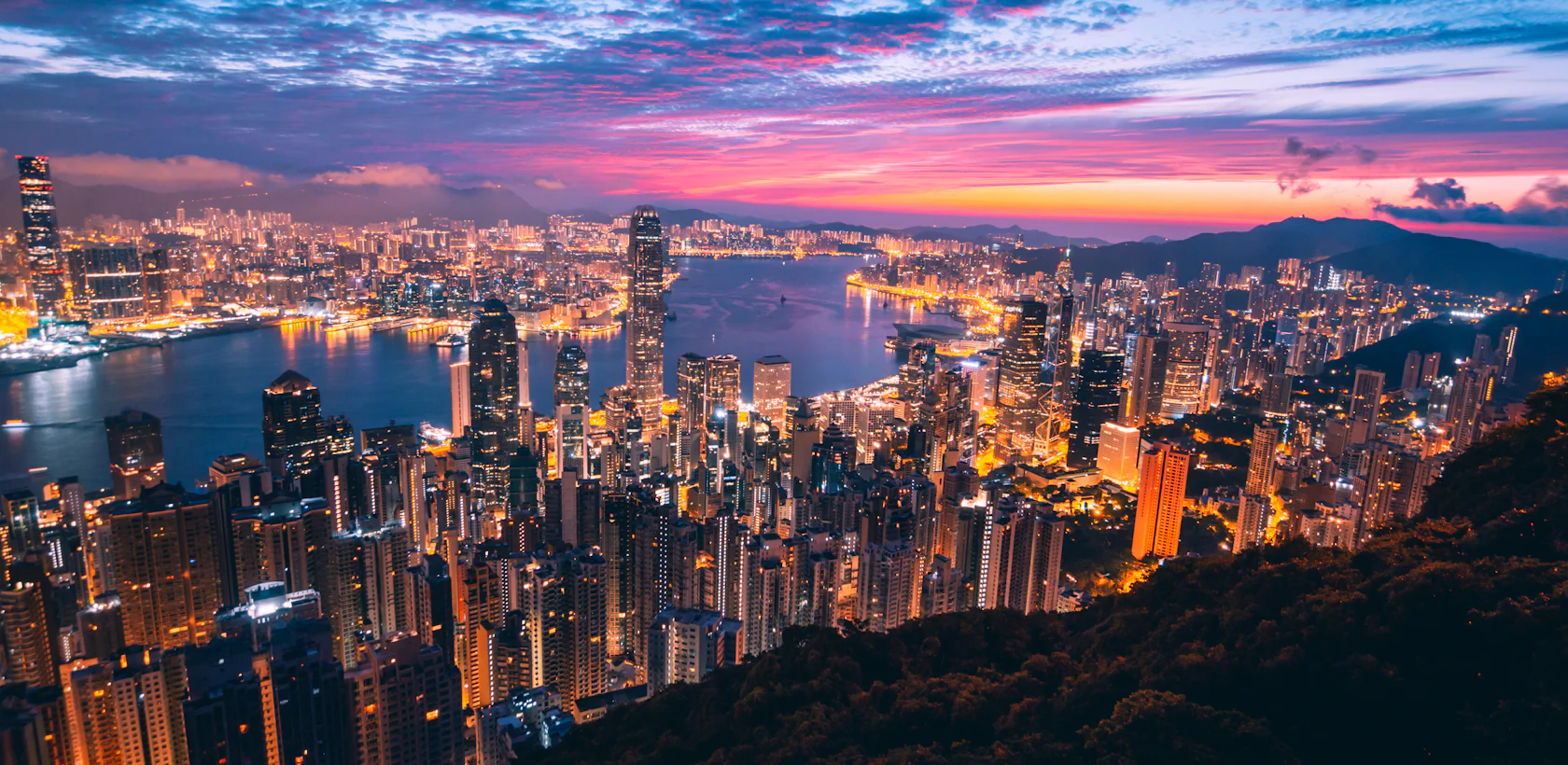 A world city skyline at dusk