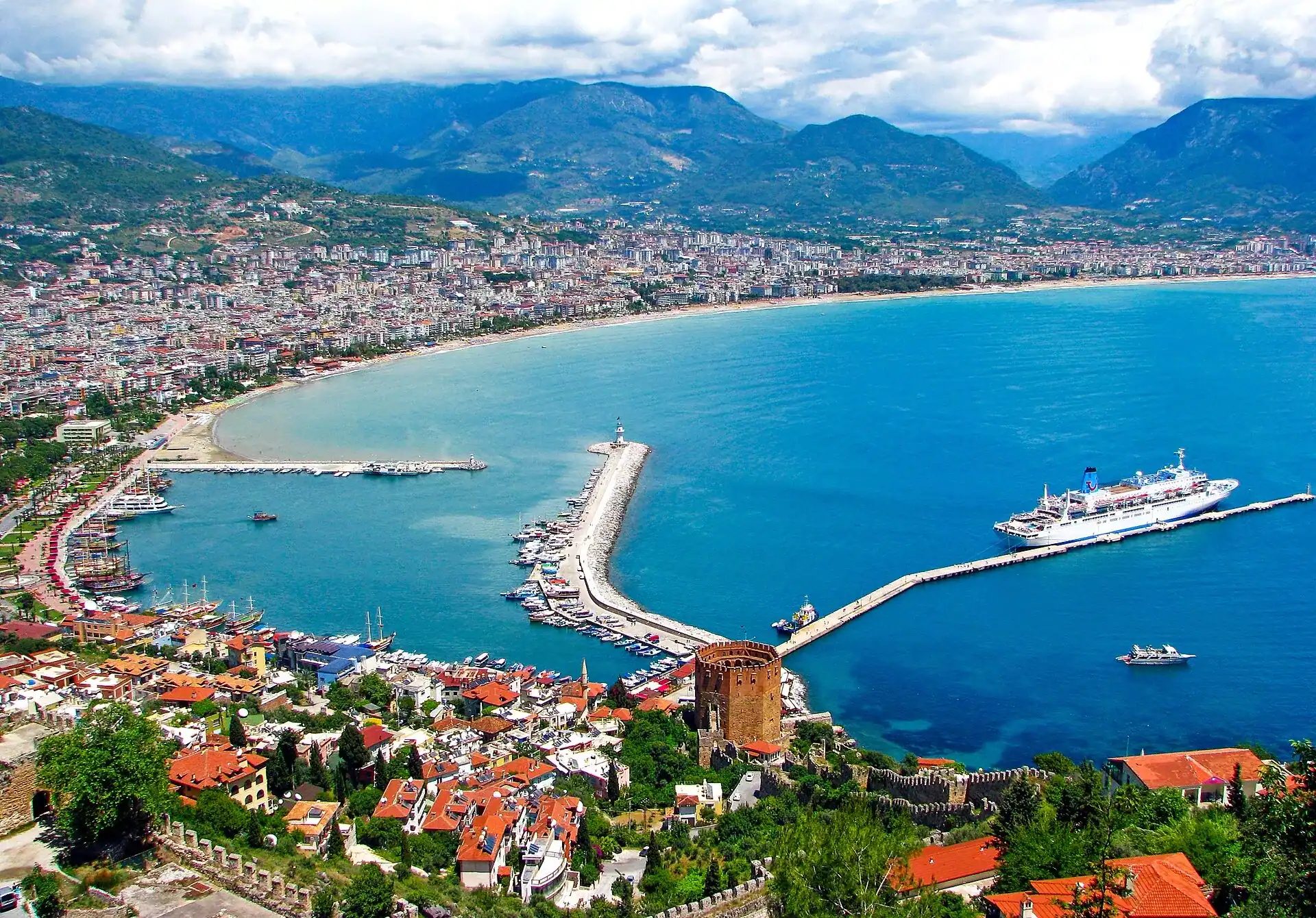 Alanya harbour and its curving bay seen from the Seljuk castle above the town
