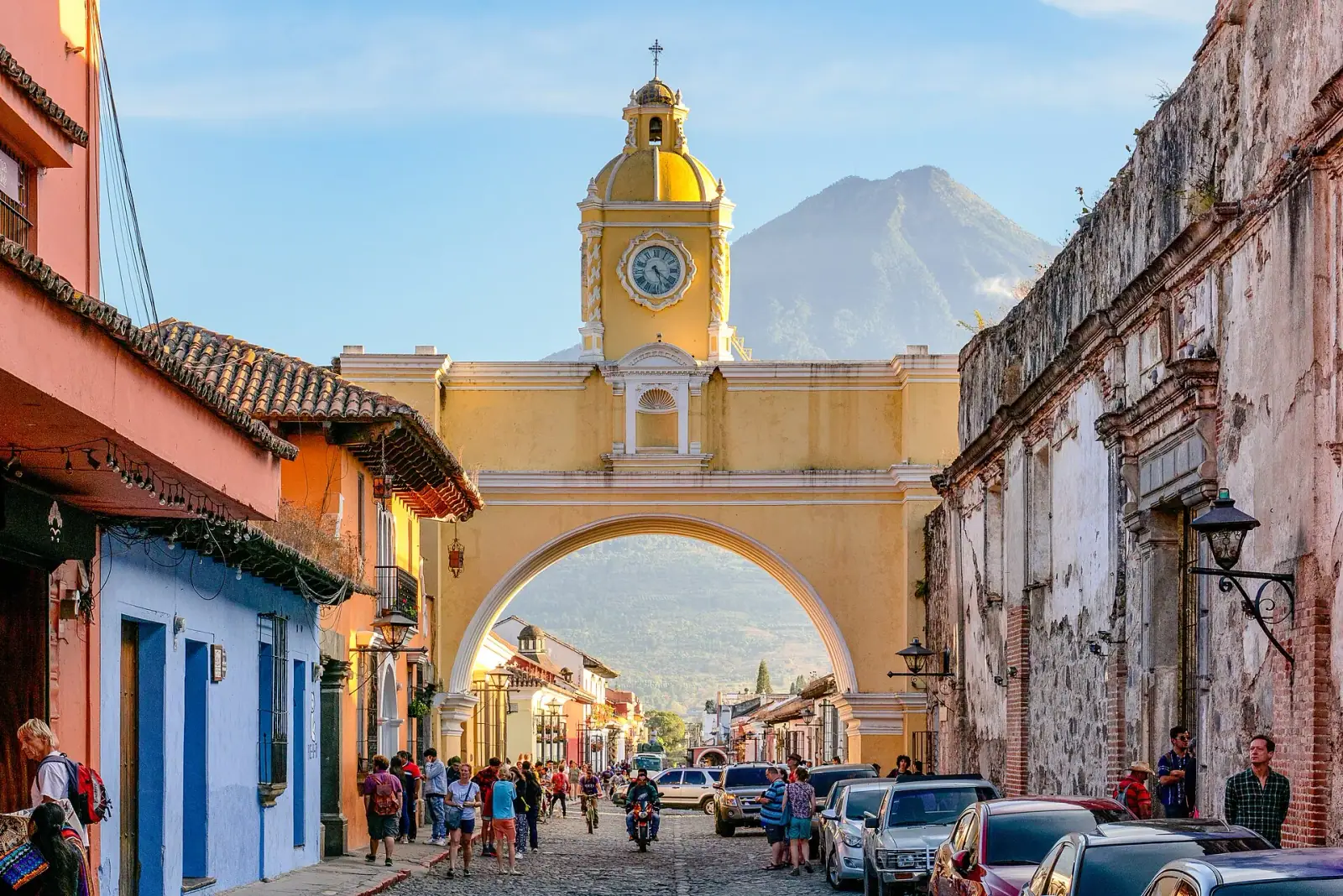 Santa Catalina Arch on 5th Avenue in Antigua Guatemala with Volcan de Agua in the background