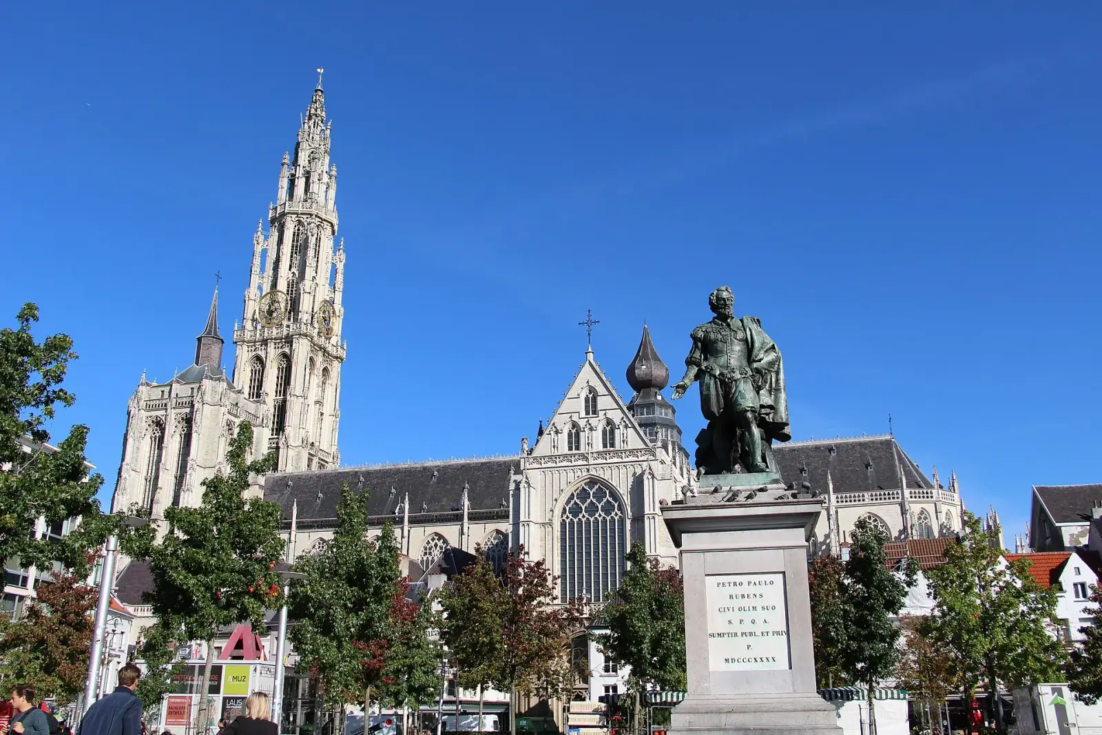 Cathedral of Our Lady and Rubens statue on Groenplaats square, Antwerp