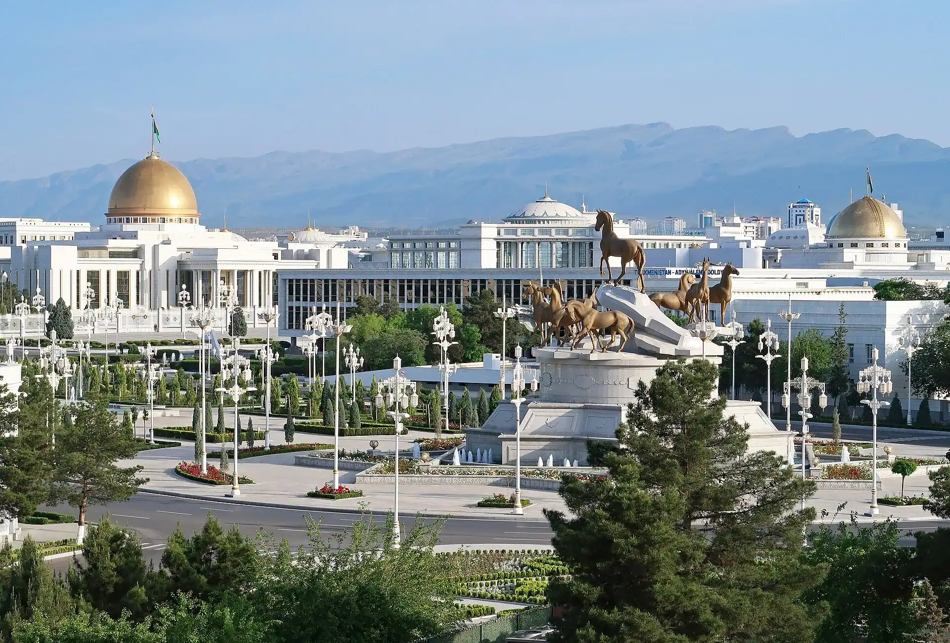 The white marble and gold of the presidential palace in Ashgabat