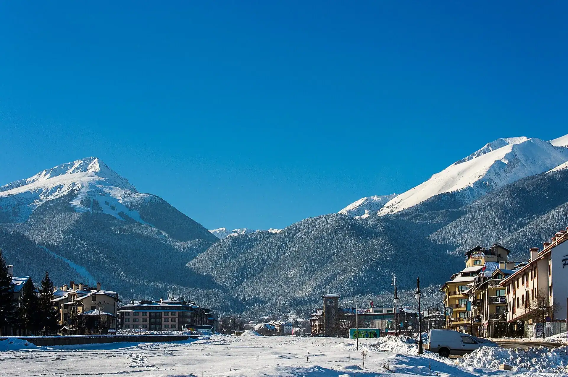 The town of Bansko under the snow-covered peaks of the Pirin mountains