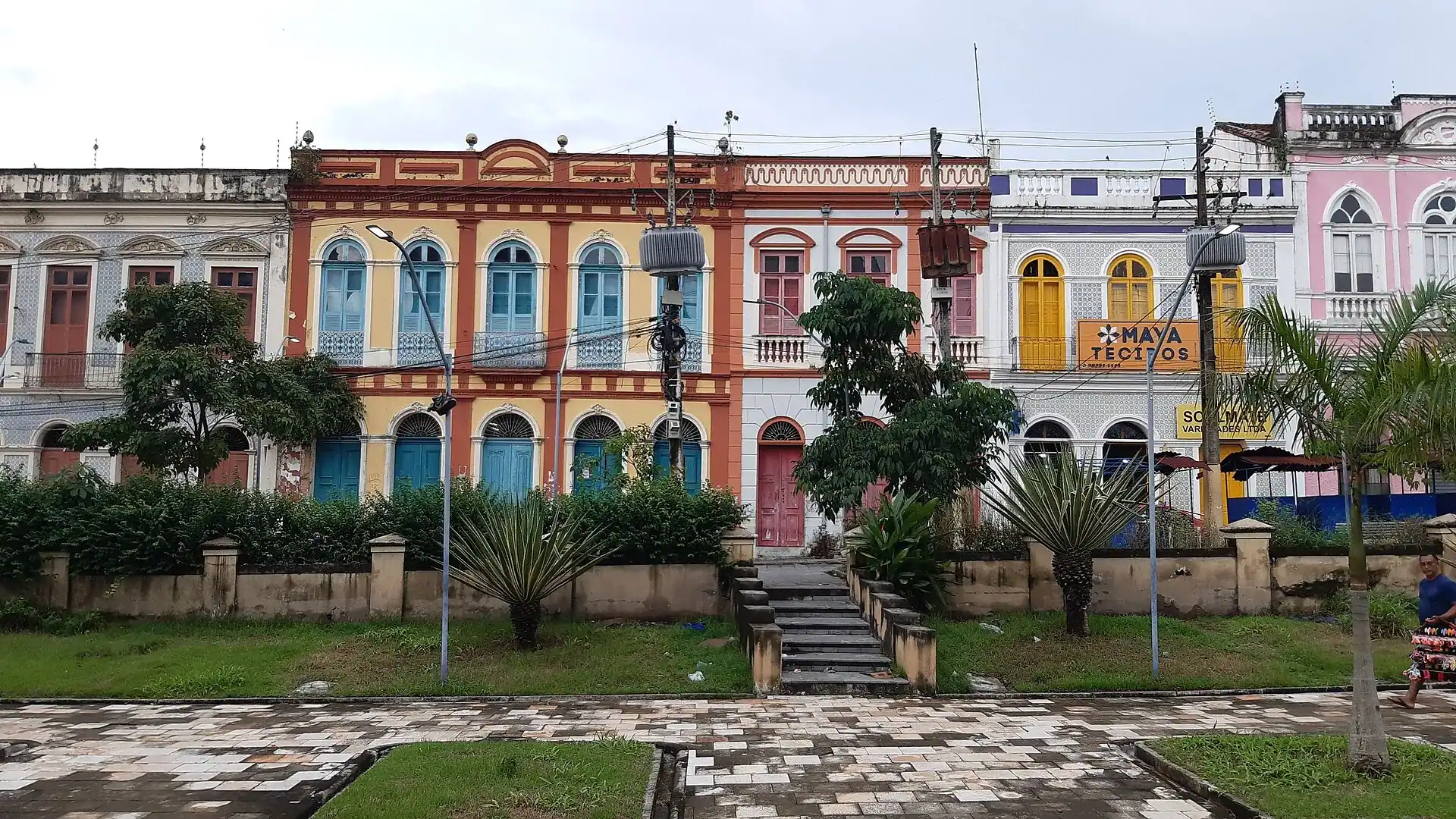 Painted colonial houses on a square in Belem