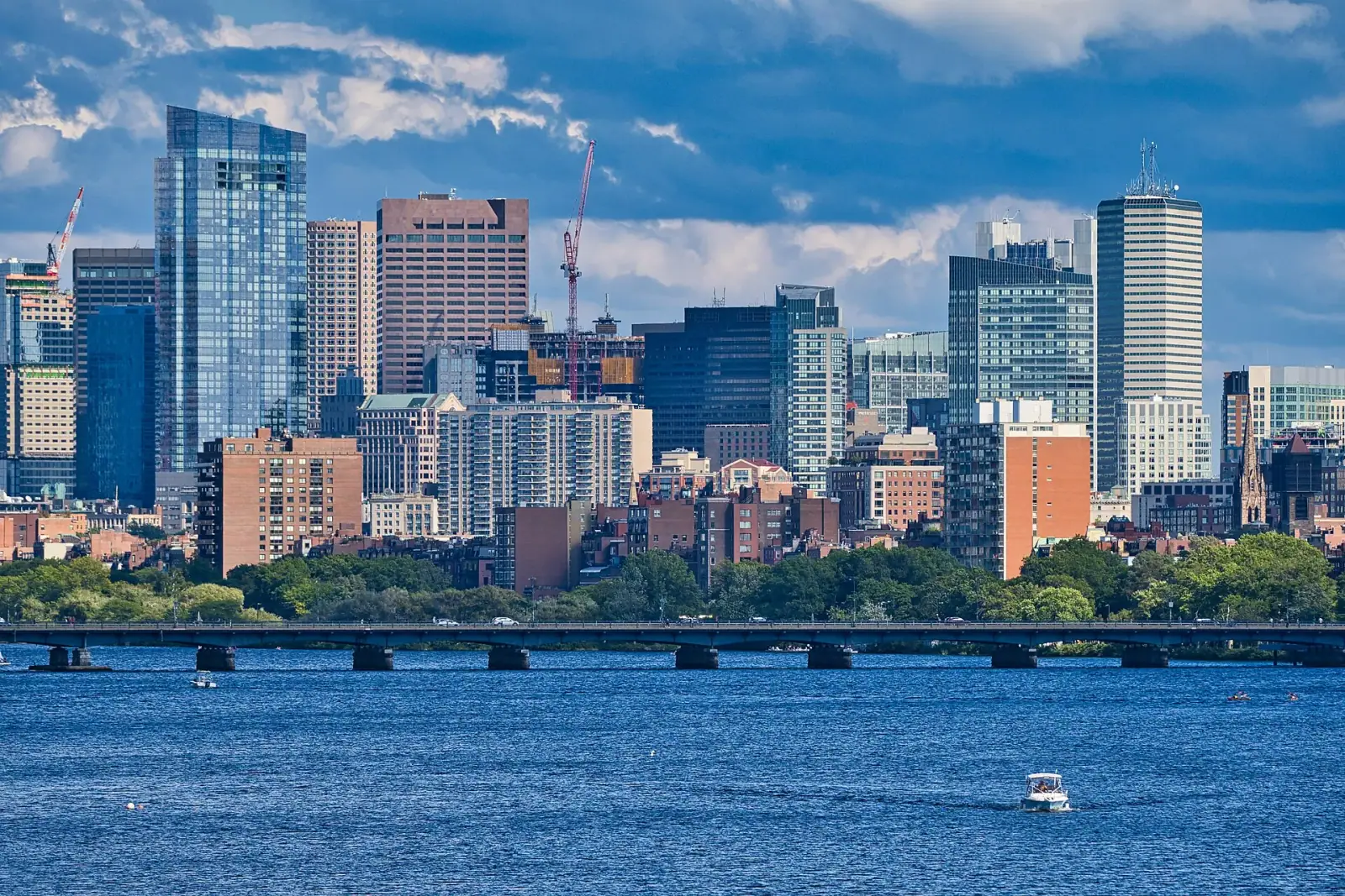 Boston skyline across the Charles River on a bright summer day