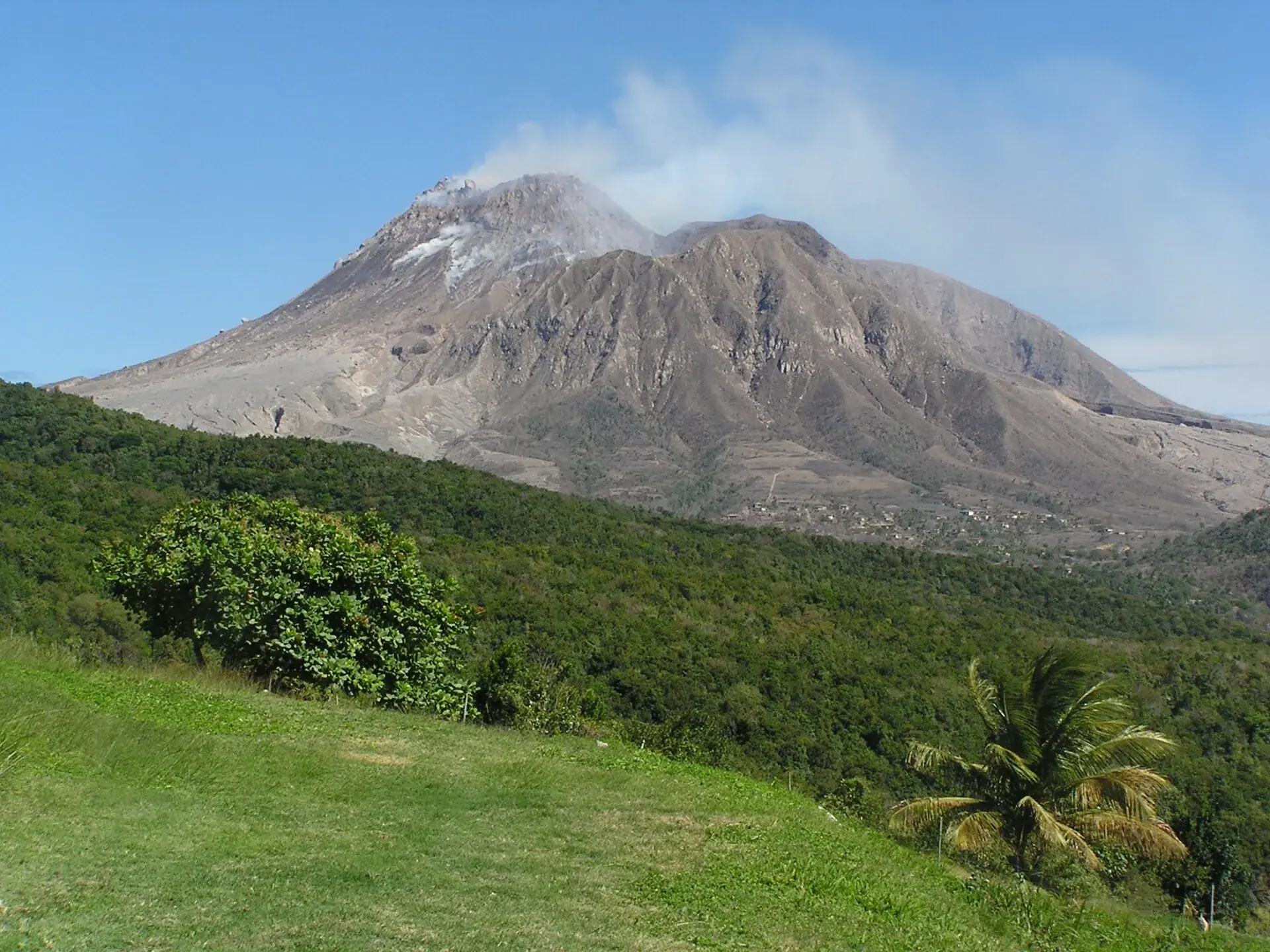 The Soufriere Hills volcano above the green north of Montserrat