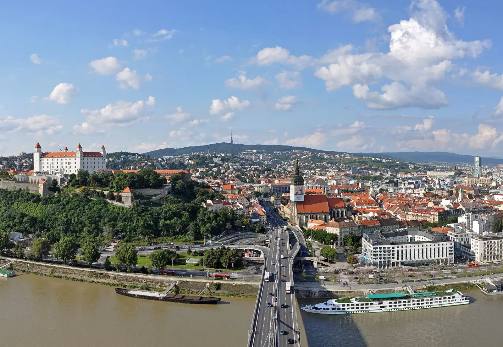 Bratislava skyline with castle, Danube river, and old town