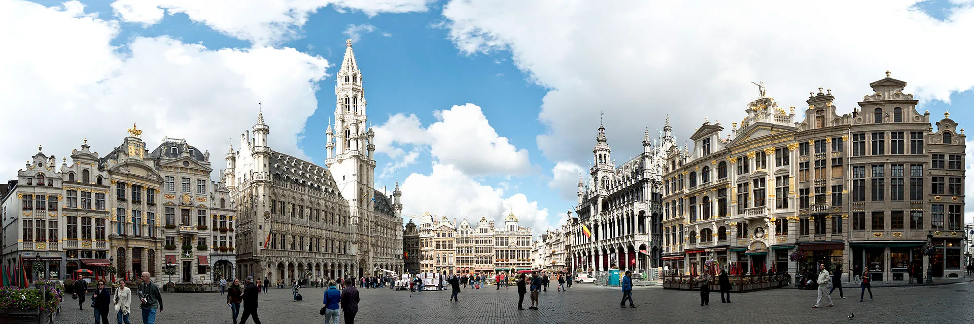 Panorama of the Grand-Place in Brussels, Belgium, with the Town Hall spire rising above the ornate guild houses