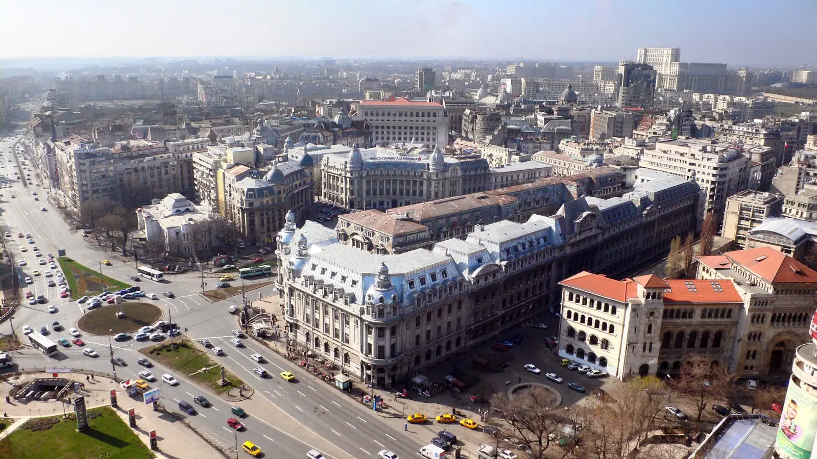 Aerial view of Bucharest historic center with the Palace of Parliament in the background