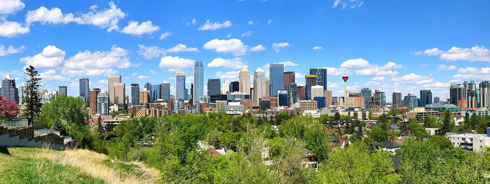 Calgary downtown skyline with Calgary Tower on a sunny day