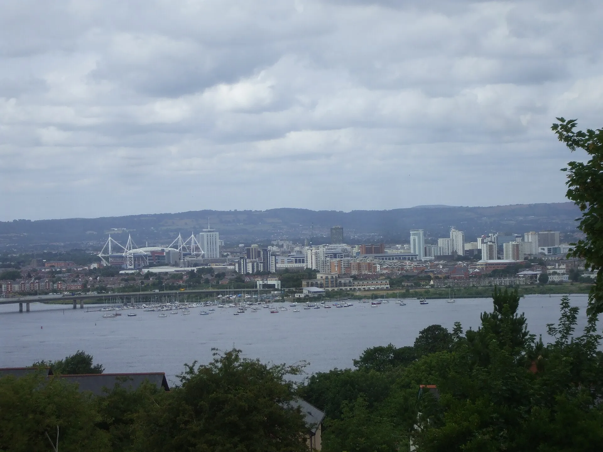 Cardiff cityscape with the Principality Stadium and city centre seen across Cardiff Bay