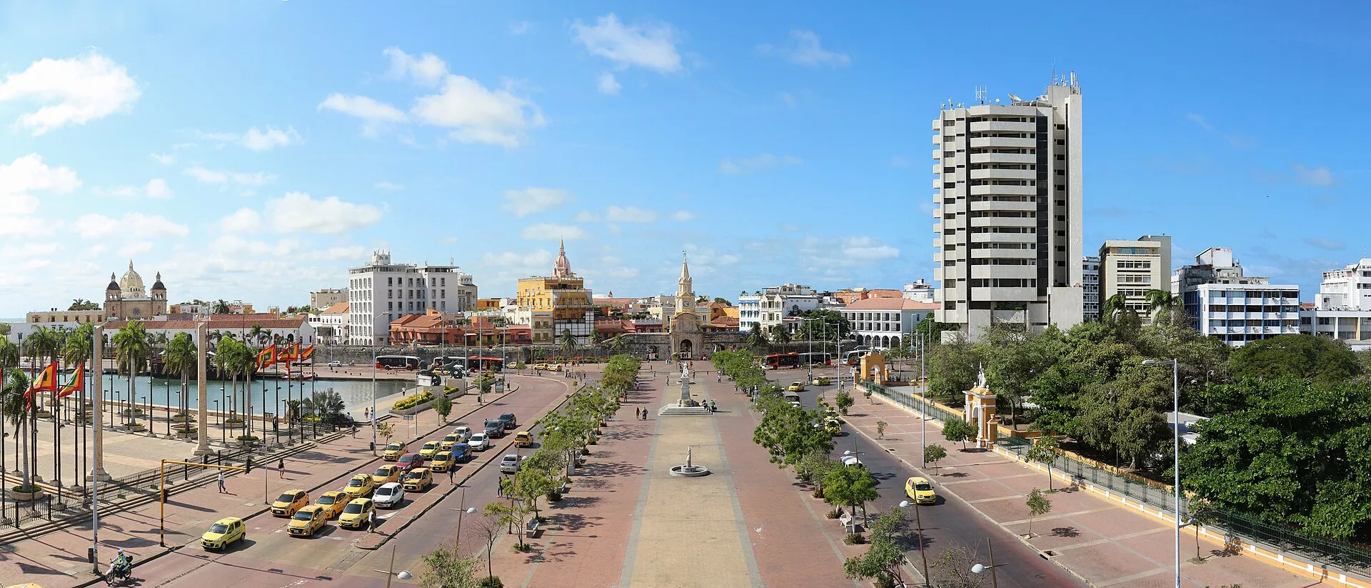 Panoramic view of Cartagena's historic old city with the Clock Tower gate and Cathedral