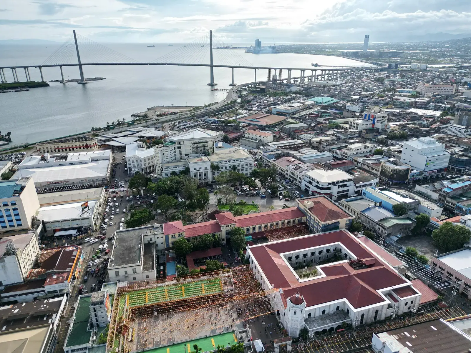Aerial drone view of Cebu City central with the CCLEX bridge spanning Mactan Channel