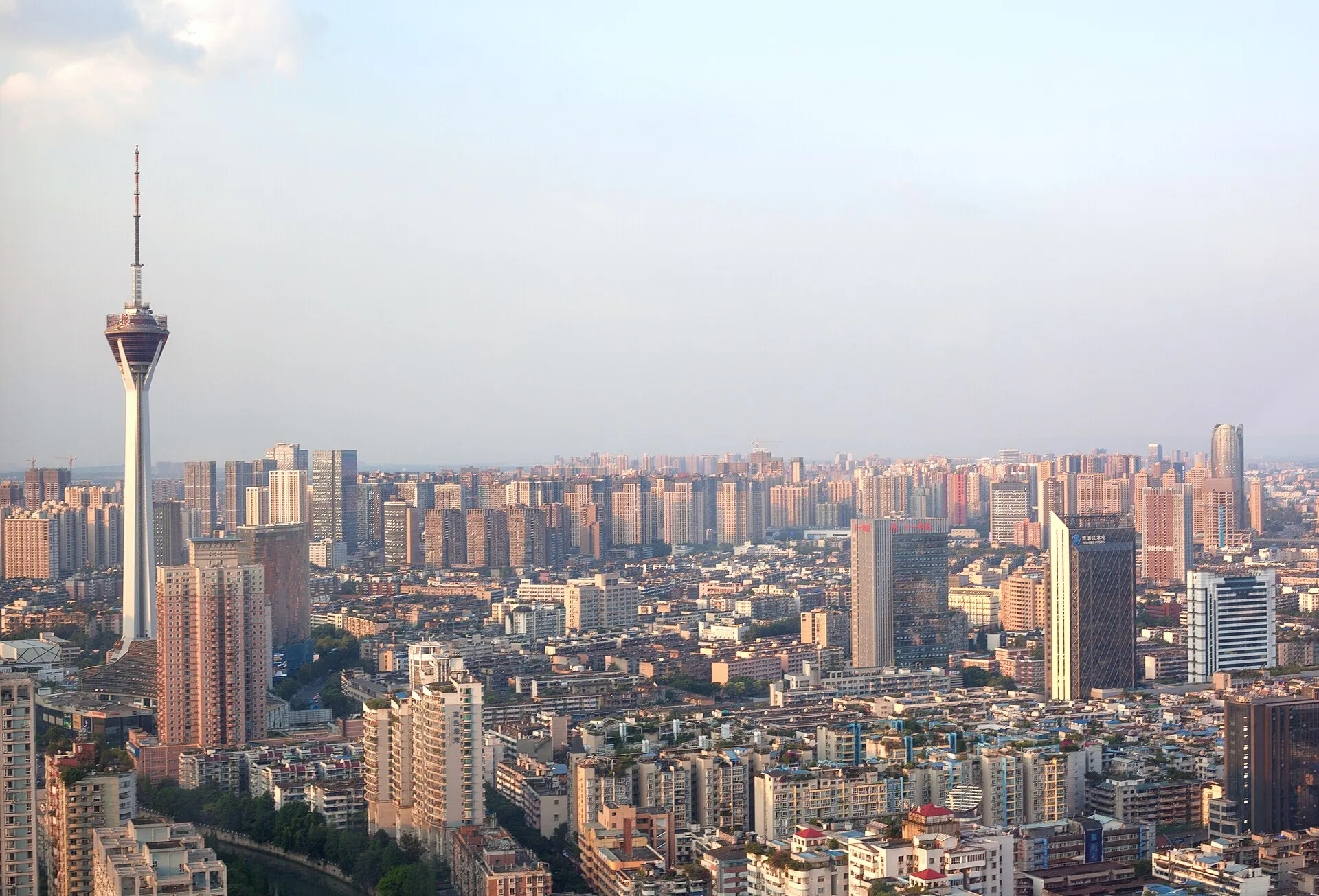 Chengdu skyline in daylight with the Sichuan TV Tower rising above the dense city