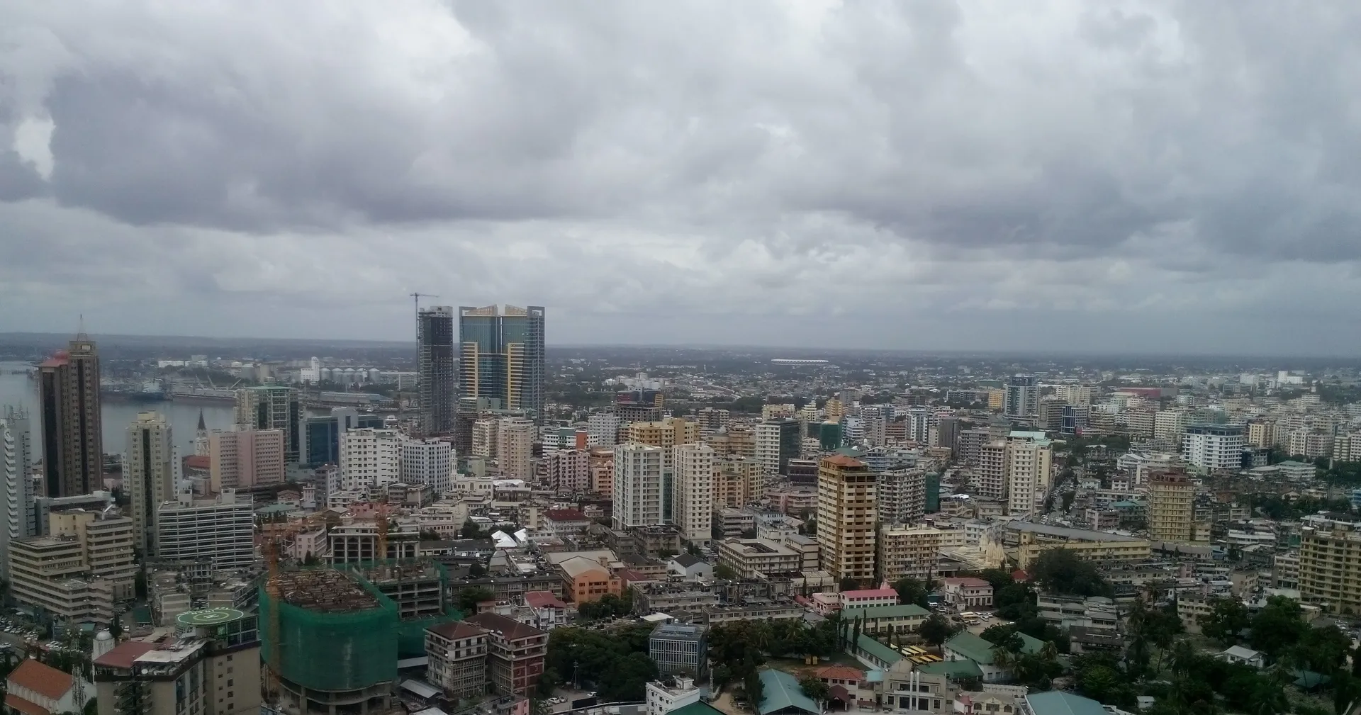 Aerial view of Dar es Salaam CBD skyline with harbour