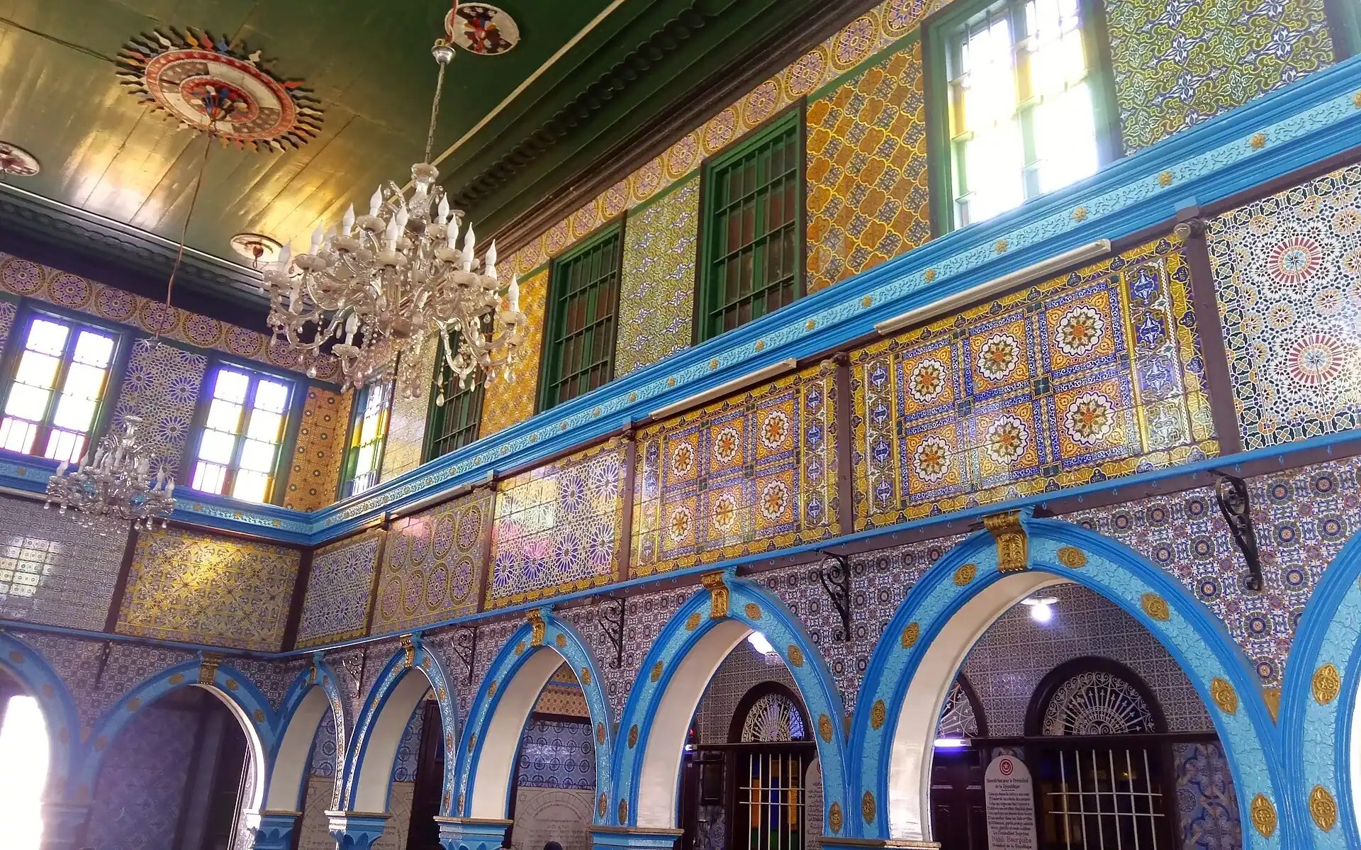 The tiled interior of the El Ghriba synagogue on Djerba
