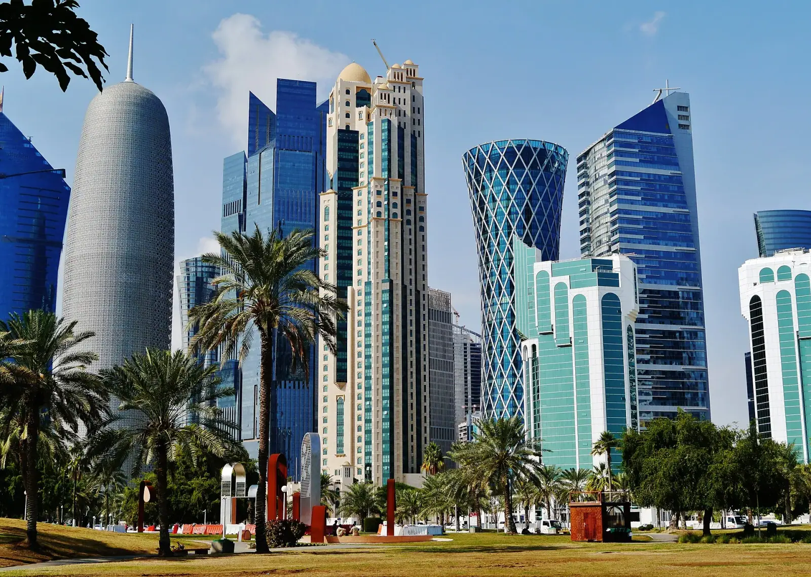 Doha West Bay skyline with Tornado Tower and Al Bidda Tower seen from Corniche park