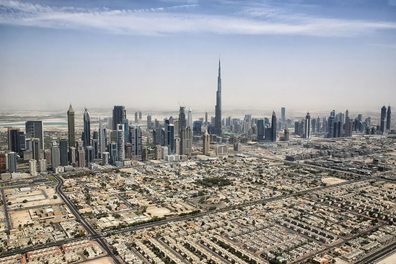Aerial view of Dubai skyline with Burj Khalifa towering over the city