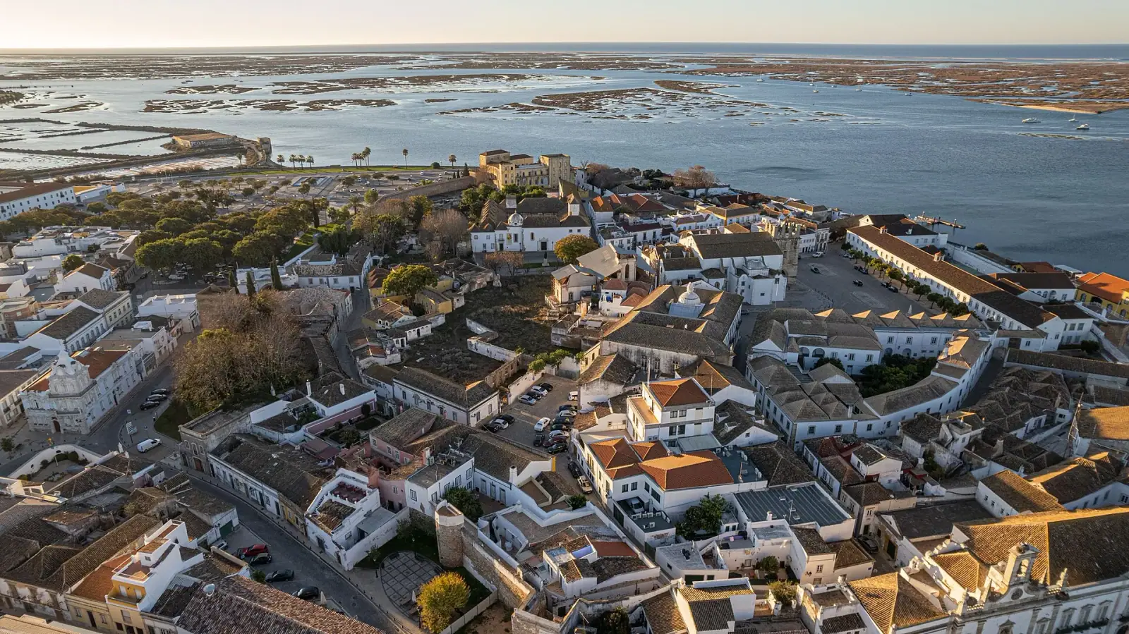 Aerial view of Faro old town with the Ria Formosa lagoon and barrier islands