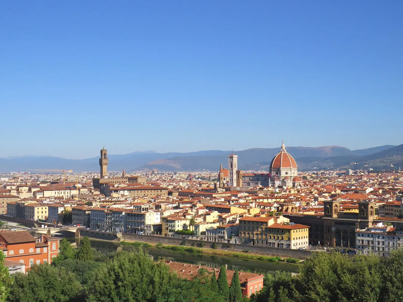 Florence skyline panorama from Piazzale Michelangelo, showing the Arno river, Palazzo Vecchio tower, and the Duomo