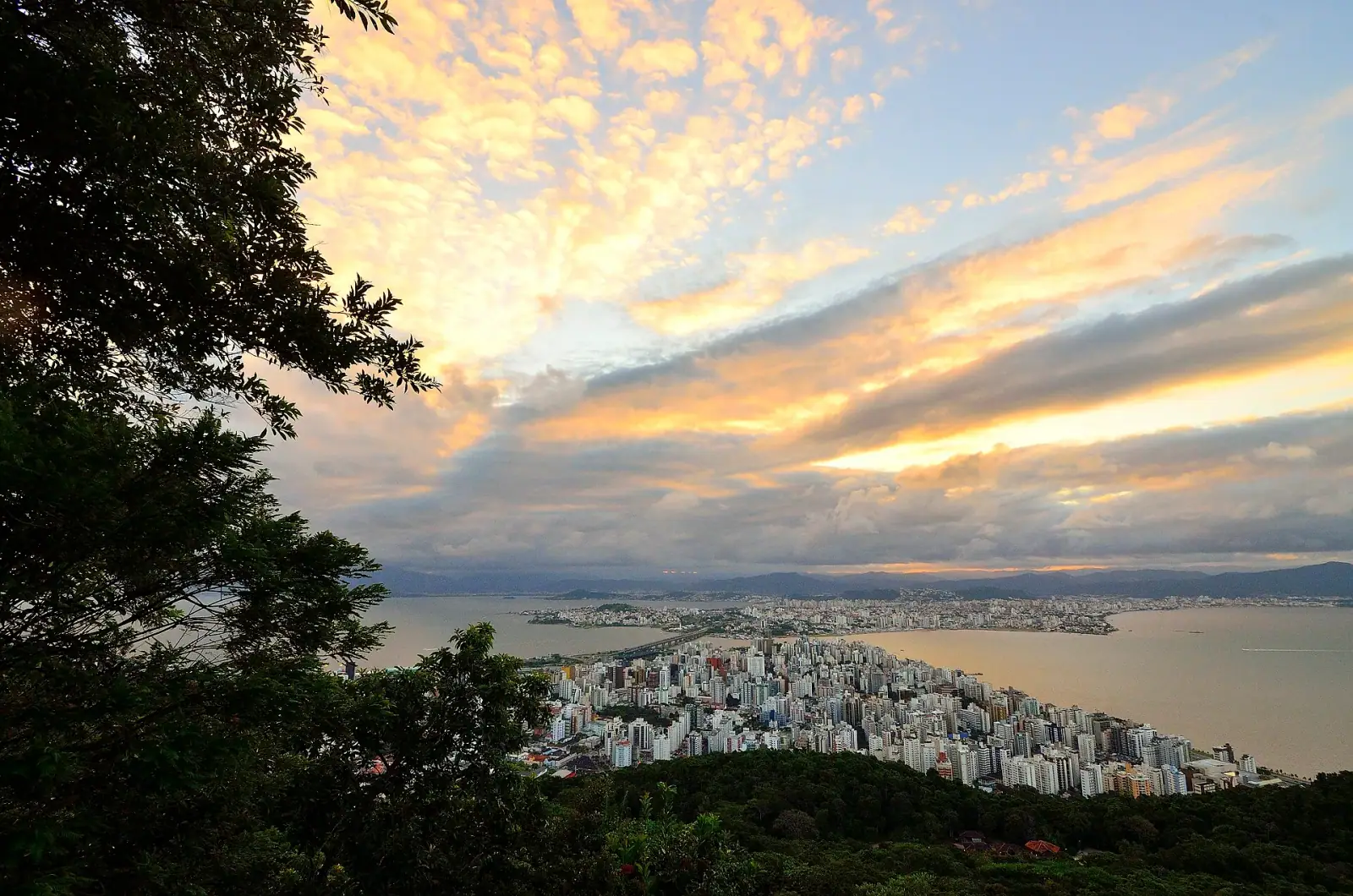 Panoramic view of Florianópolis peninsula and bay at sunrise from Morro da Cruz