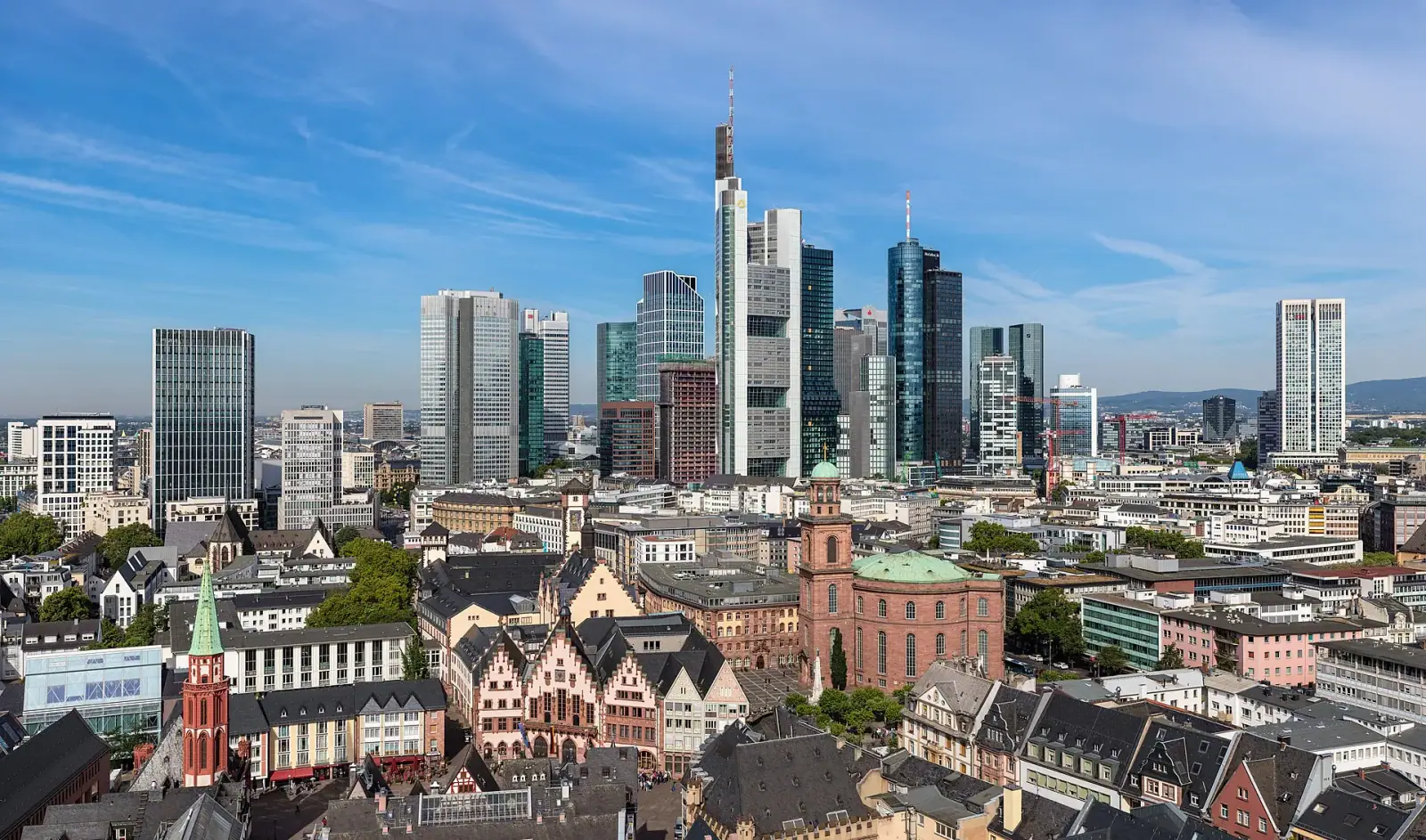 Frankfurt skyline with Römerberg old town in the foreground and modern skyscrapers behind