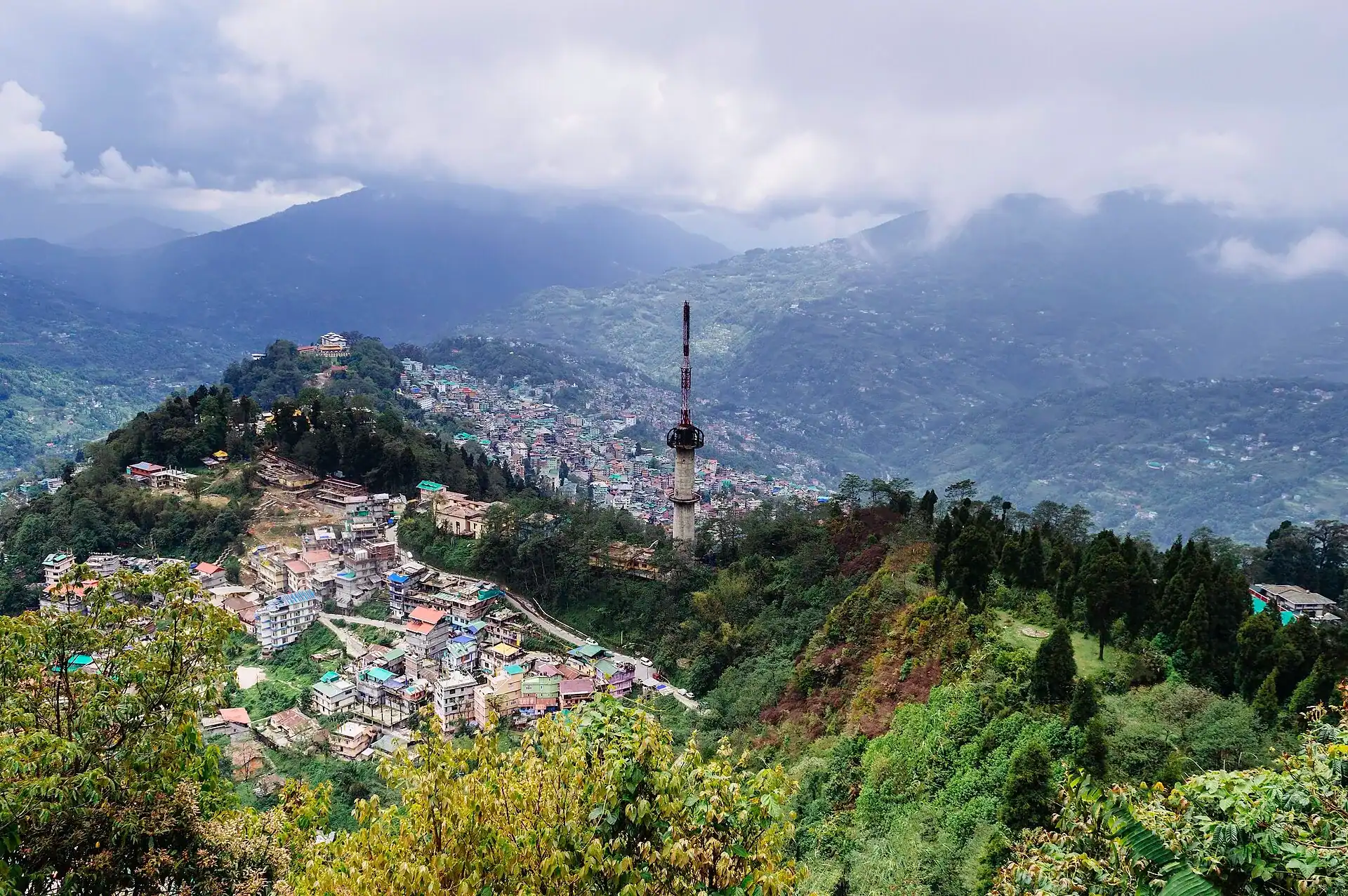 Gangtok on its ridge with the hills of Sikkim behind