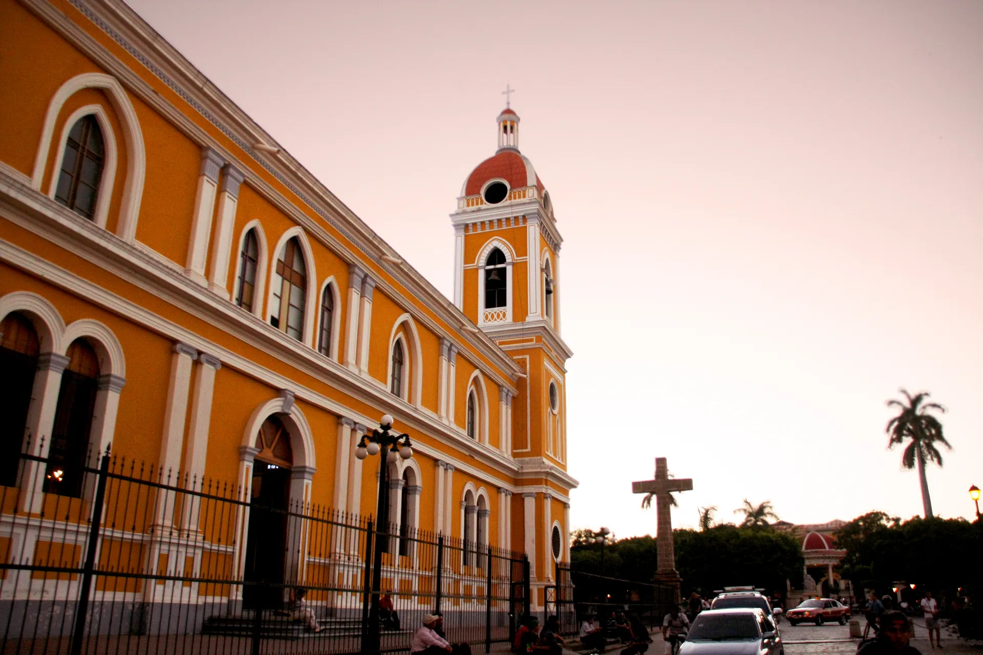 The yellow cathedral of Granada, Nicaragua at sunset