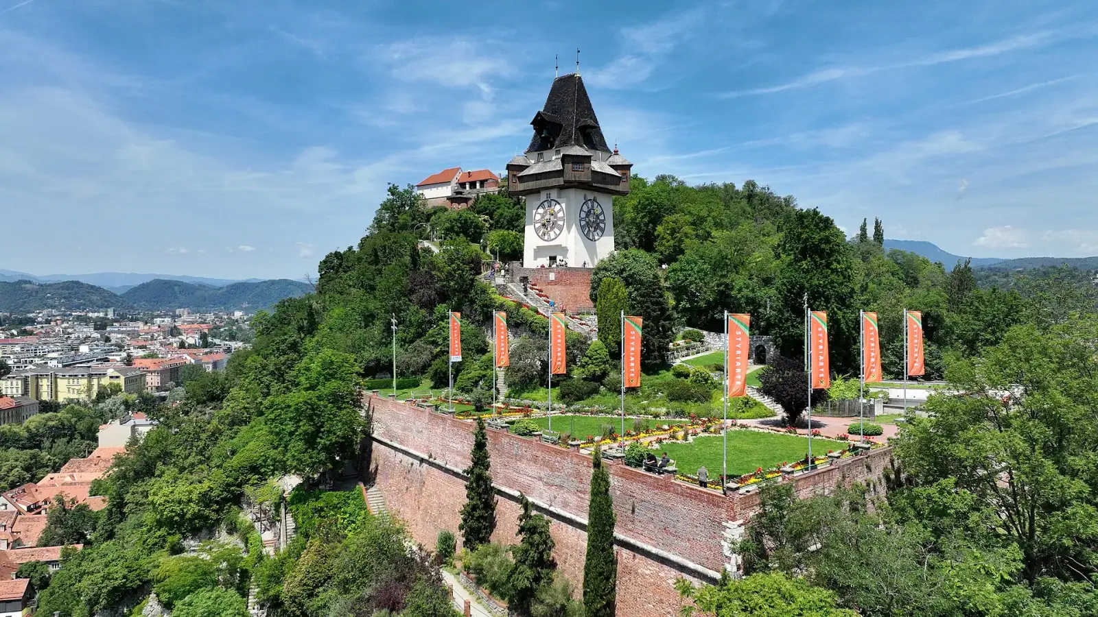 Schlossberg hill with Uhrturm clock tower overlooking Graz, Austria
