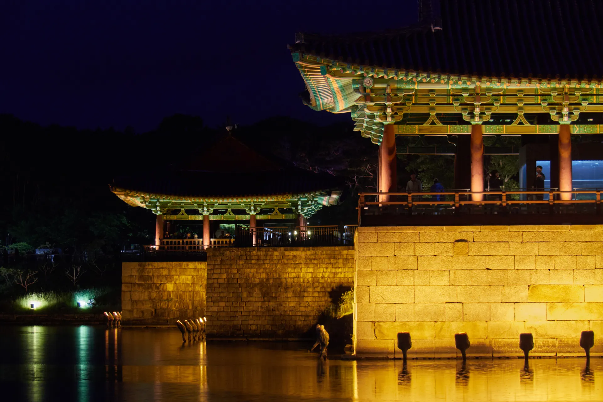 Donggung Palace and Wolji Pond illuminated at night, Gyeongju, South Korea