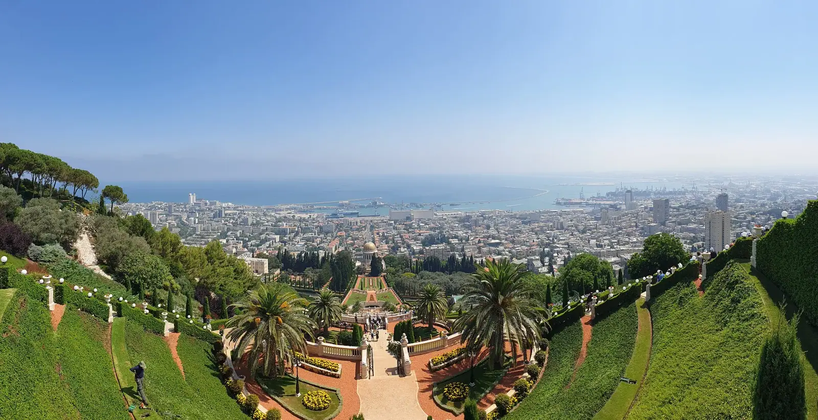 Panoramic view of the Bahai Gardens terraces descending toward Haifa city and the Mediterranean Sea
