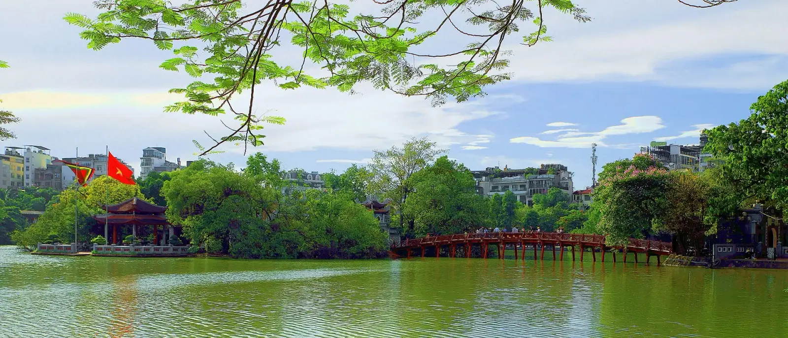 Hoan Kiem Lake with red Huc Bridge and Ngoc Son Temple, Hanoi