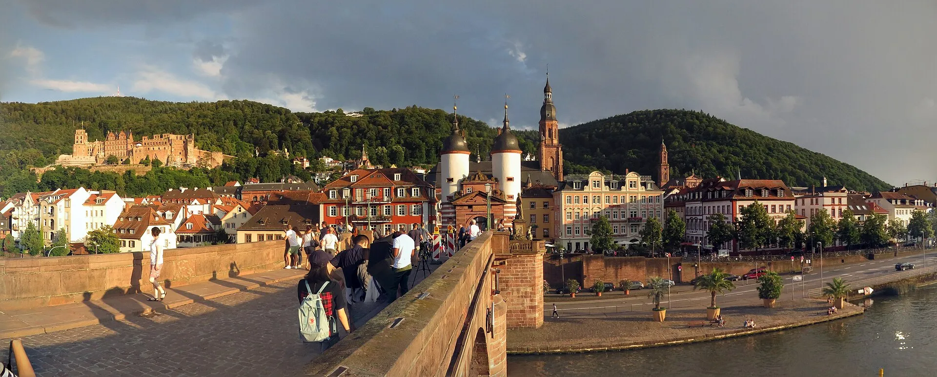 Heidelberg old town panorama from the Alte Brücke, with castle on the hill and church steeples