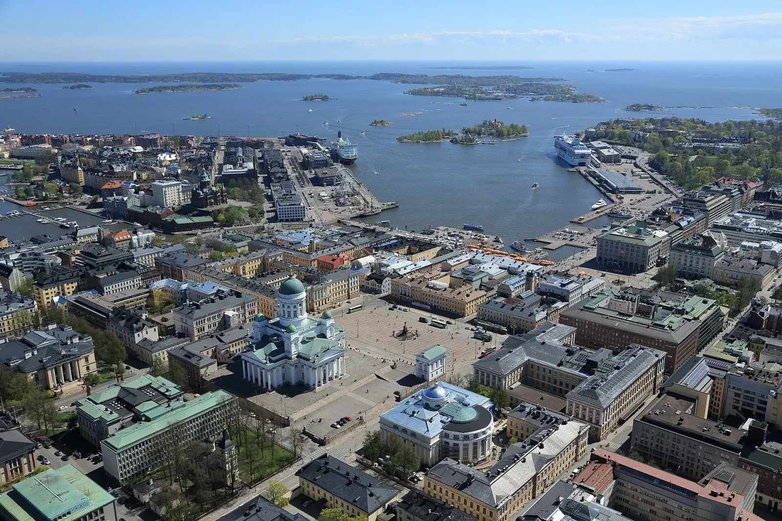 Aerial view of central Helsinki showing the Cathedral, Senate Square, and harbour
