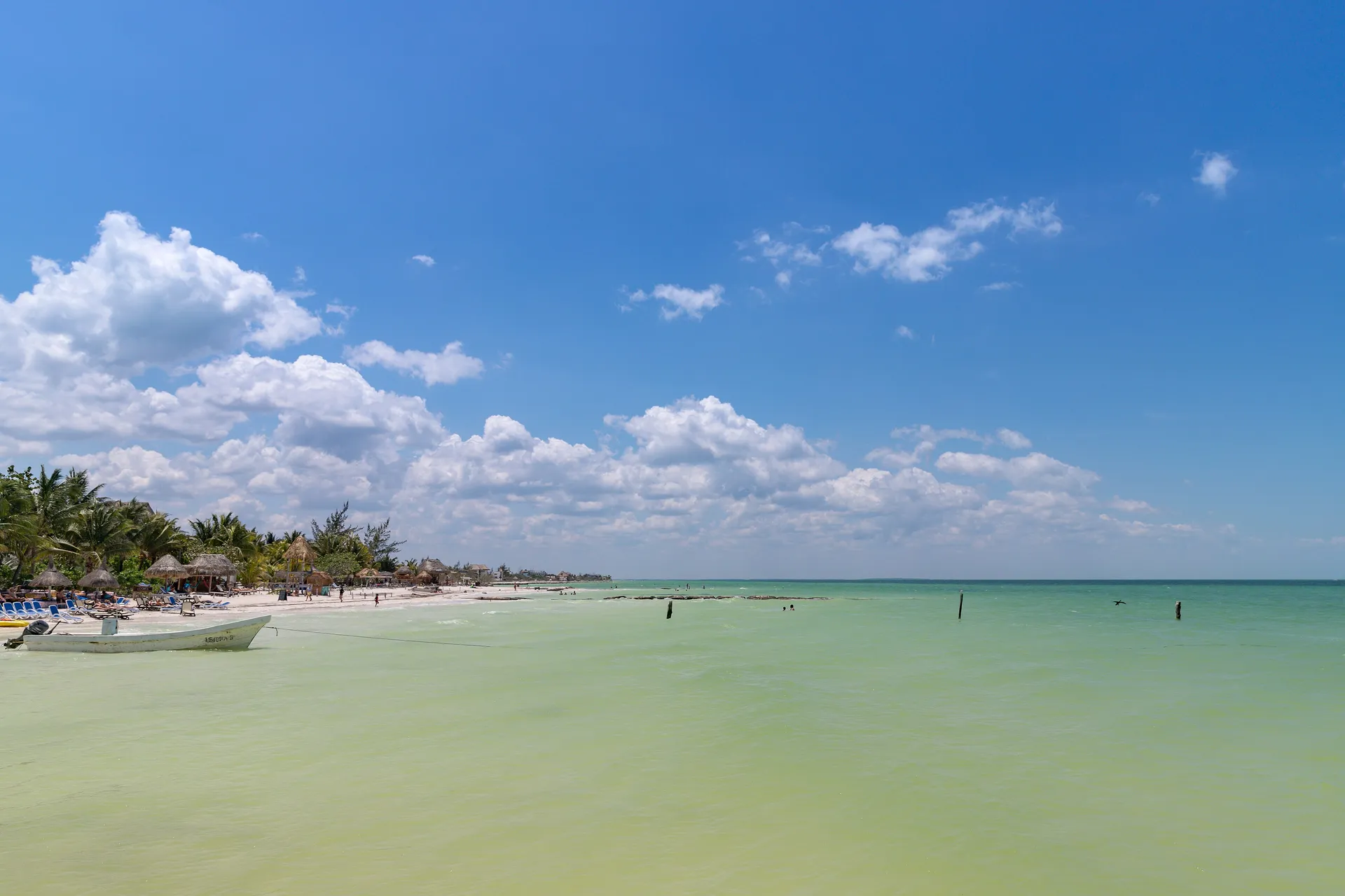 Turquoise water and white sand beach with palms on Isla Holbox, Mexico
