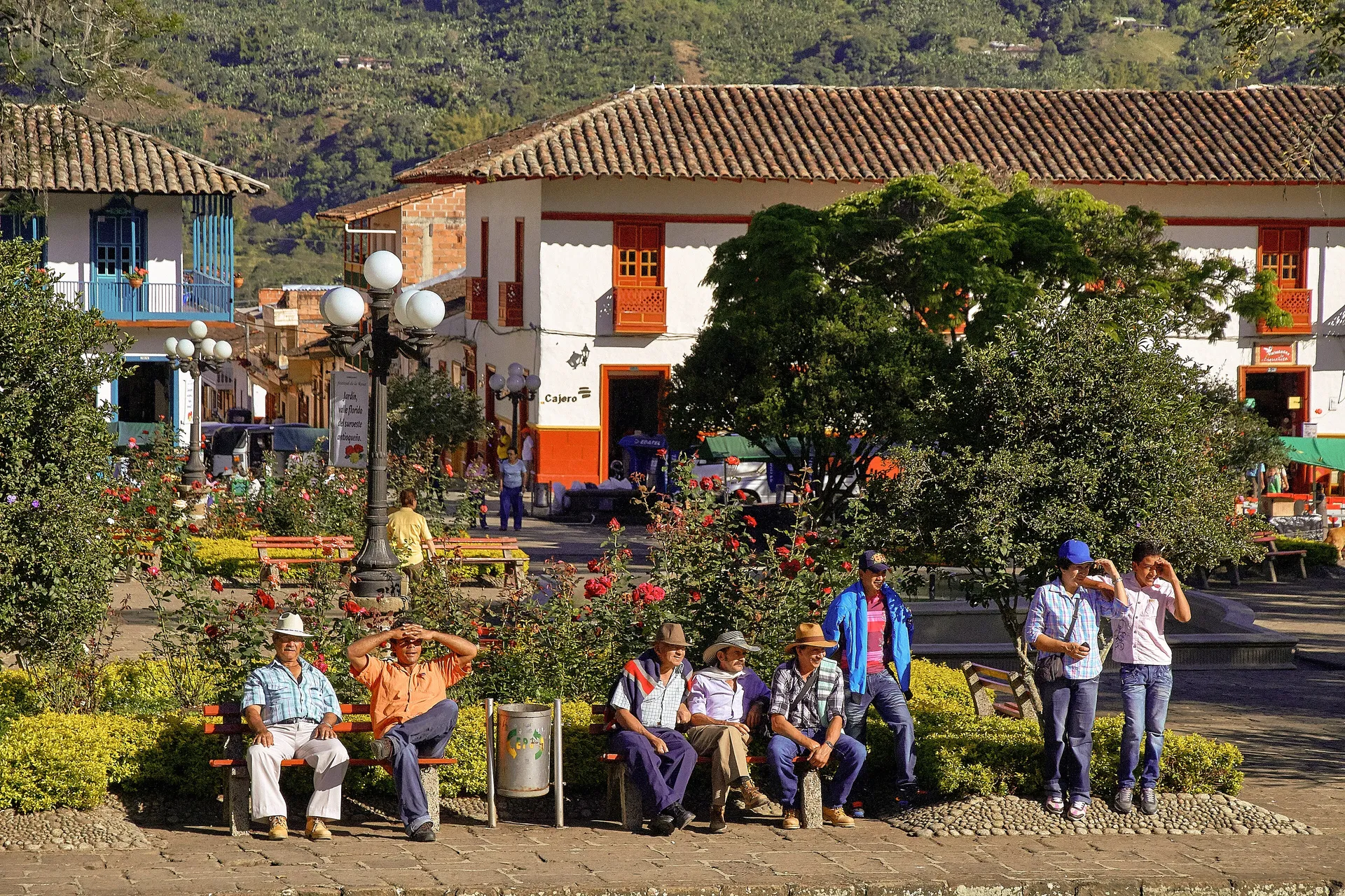 Colorful main plaza of Jardin, Antioquia, Colombia