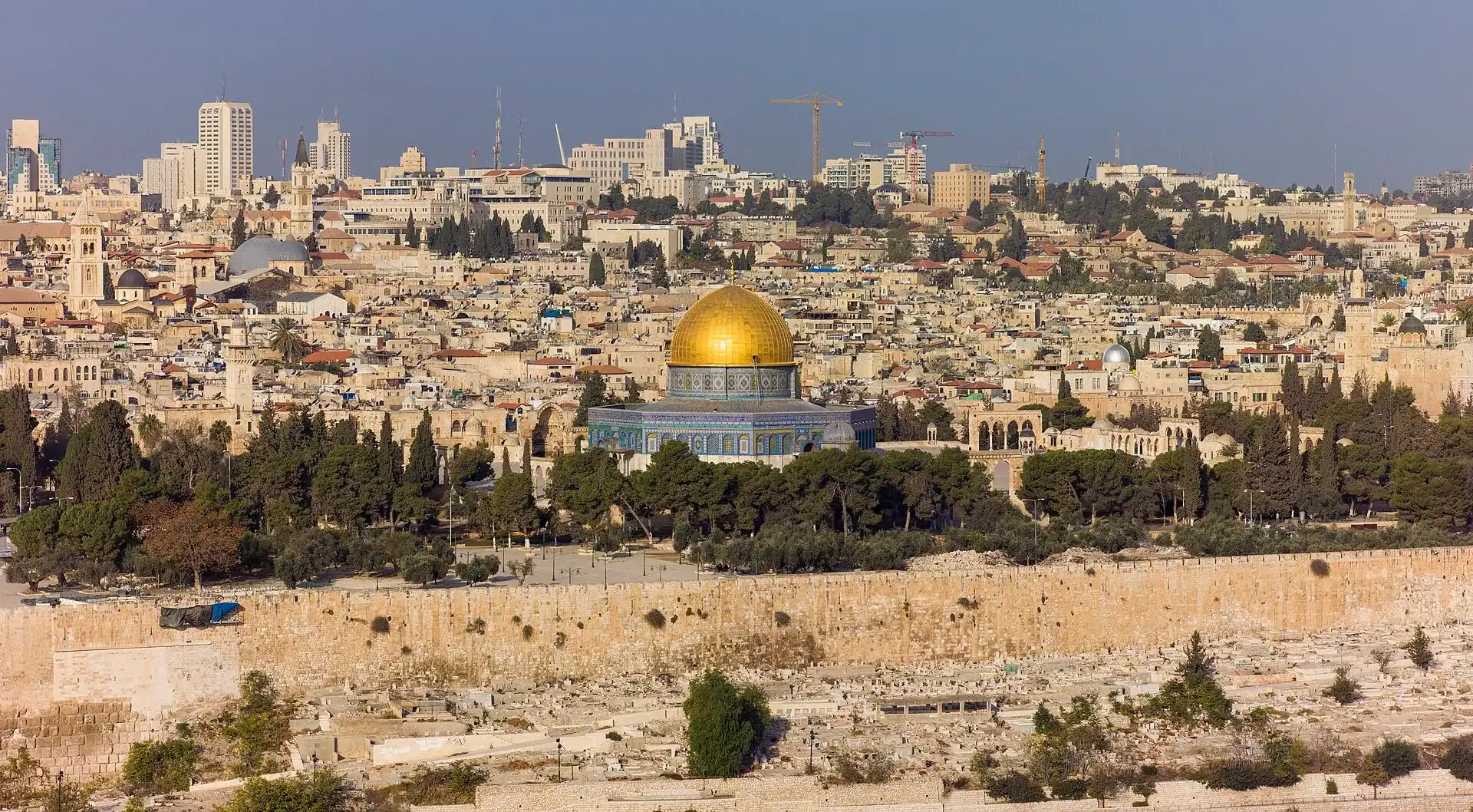 The walled Old City of Jerusalem with the Dome of the Rock, seen from the Mount of Olives