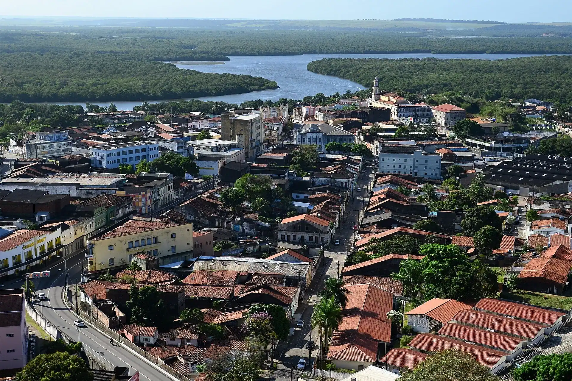 The historic centre of Joao Pessoa from the air, with the mangrove river behind