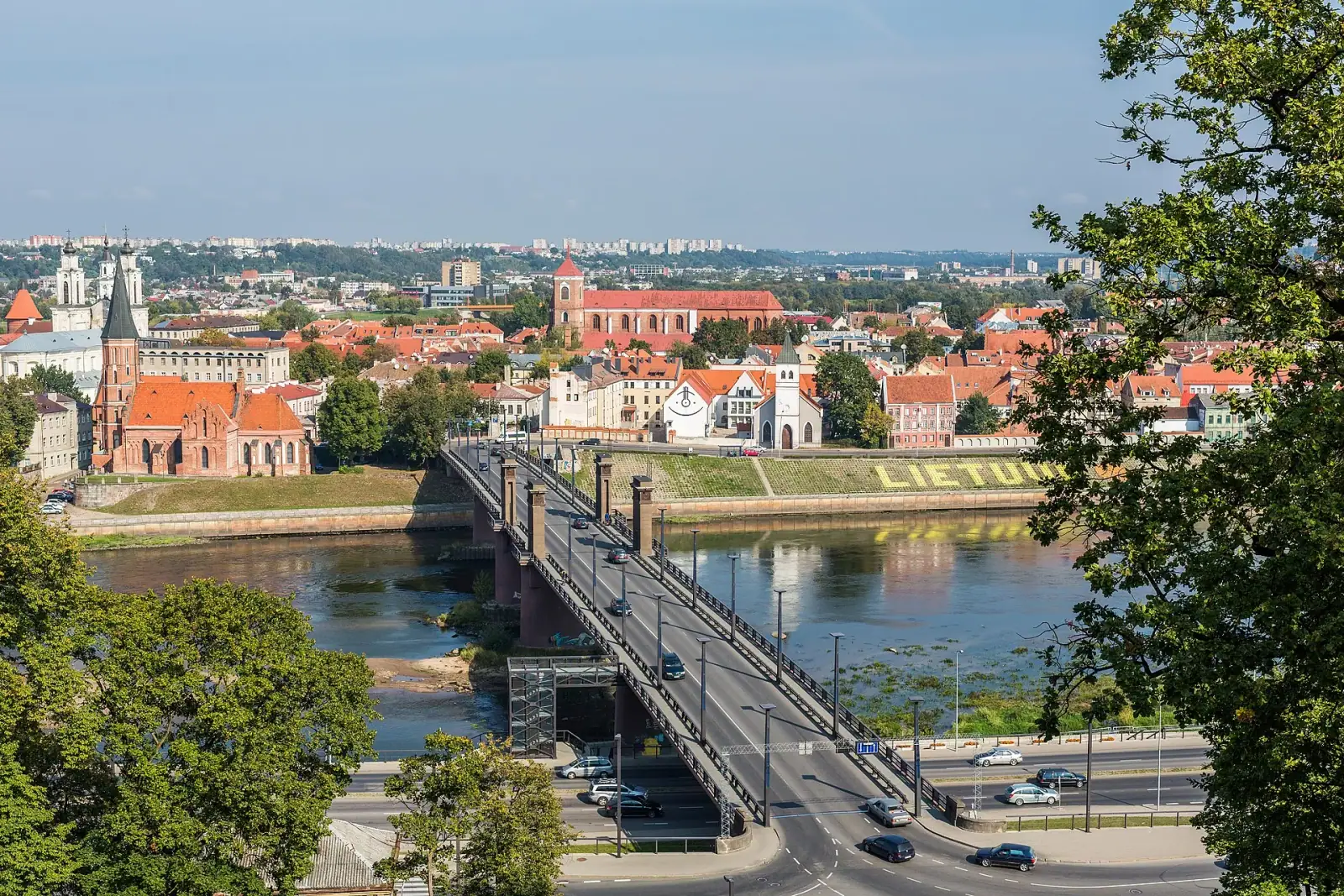 Aerial view of Kaunas Old Town and Vytautas the Great Bridge over the Nemunas river