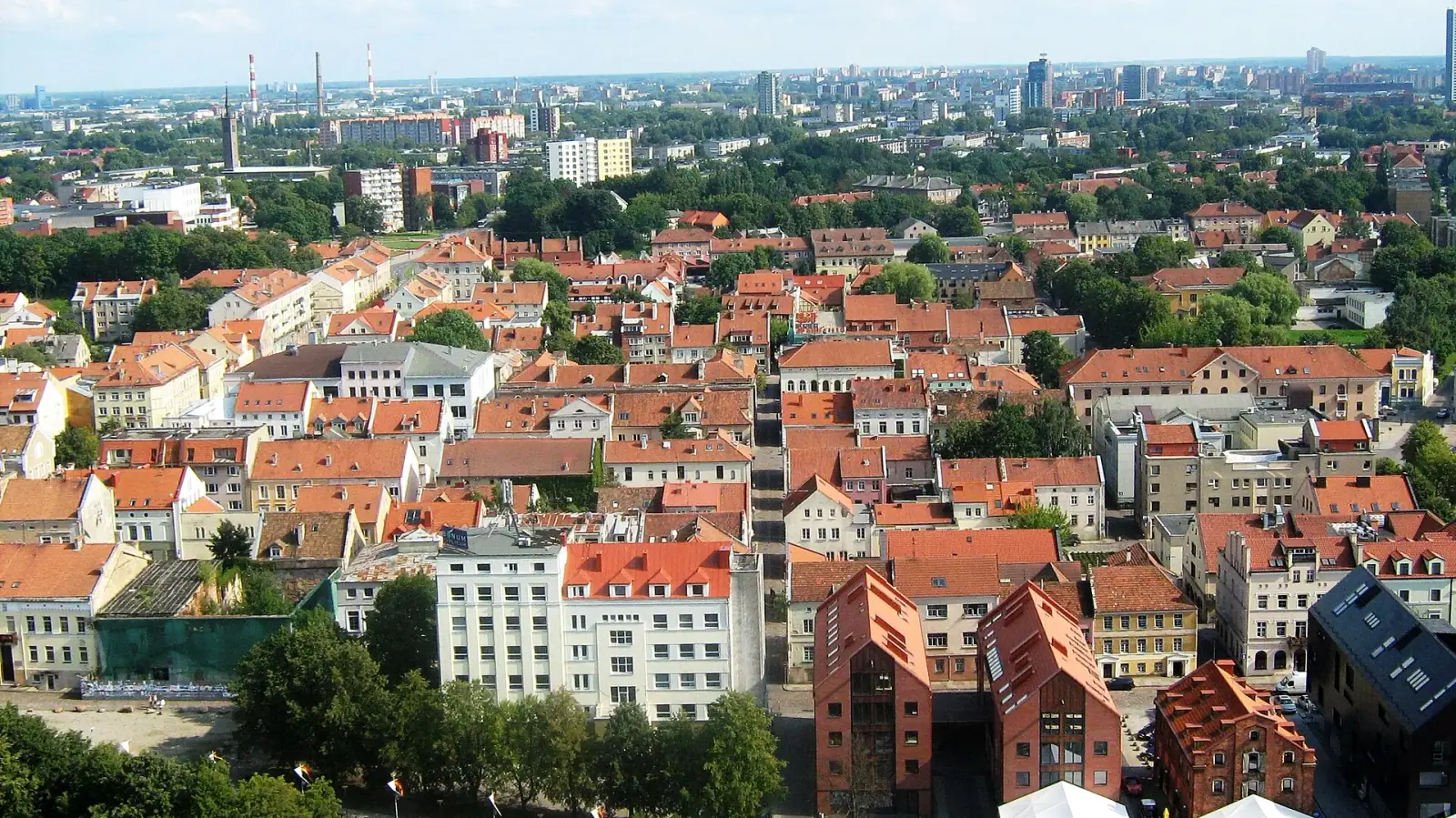 Aerial view of Klaipėda old town with red-tiled rooftops