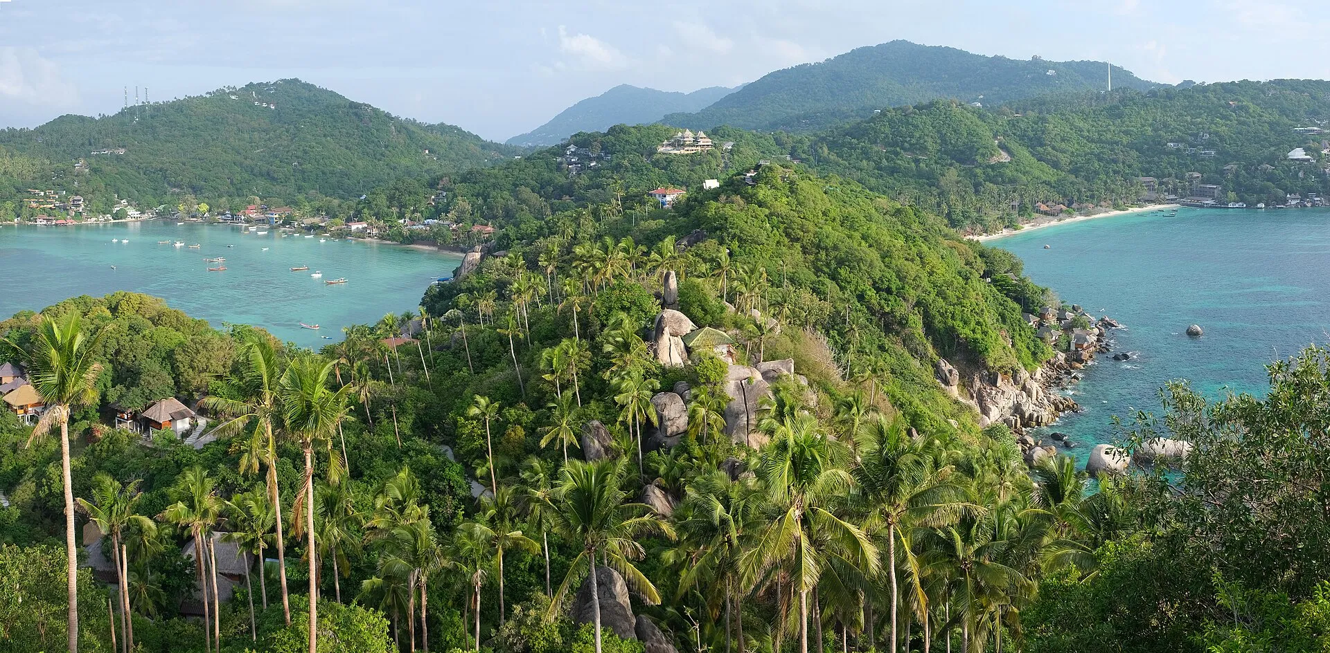 View from the John-Suwan viewpoint on Koh Tao in Thailand over a palm covered headland dividing two turquoise bays dotted with longtail boats.