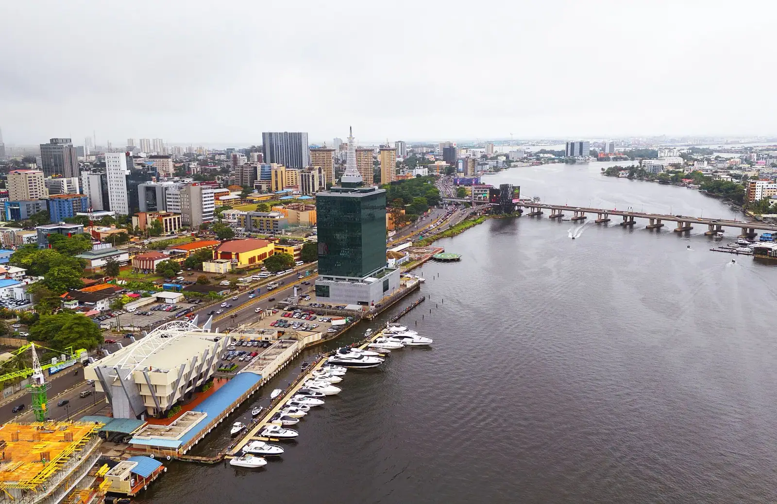 Aerial view of Victoria Island, Lagos, showing the marina, Lagos Lagoon, and city skyline