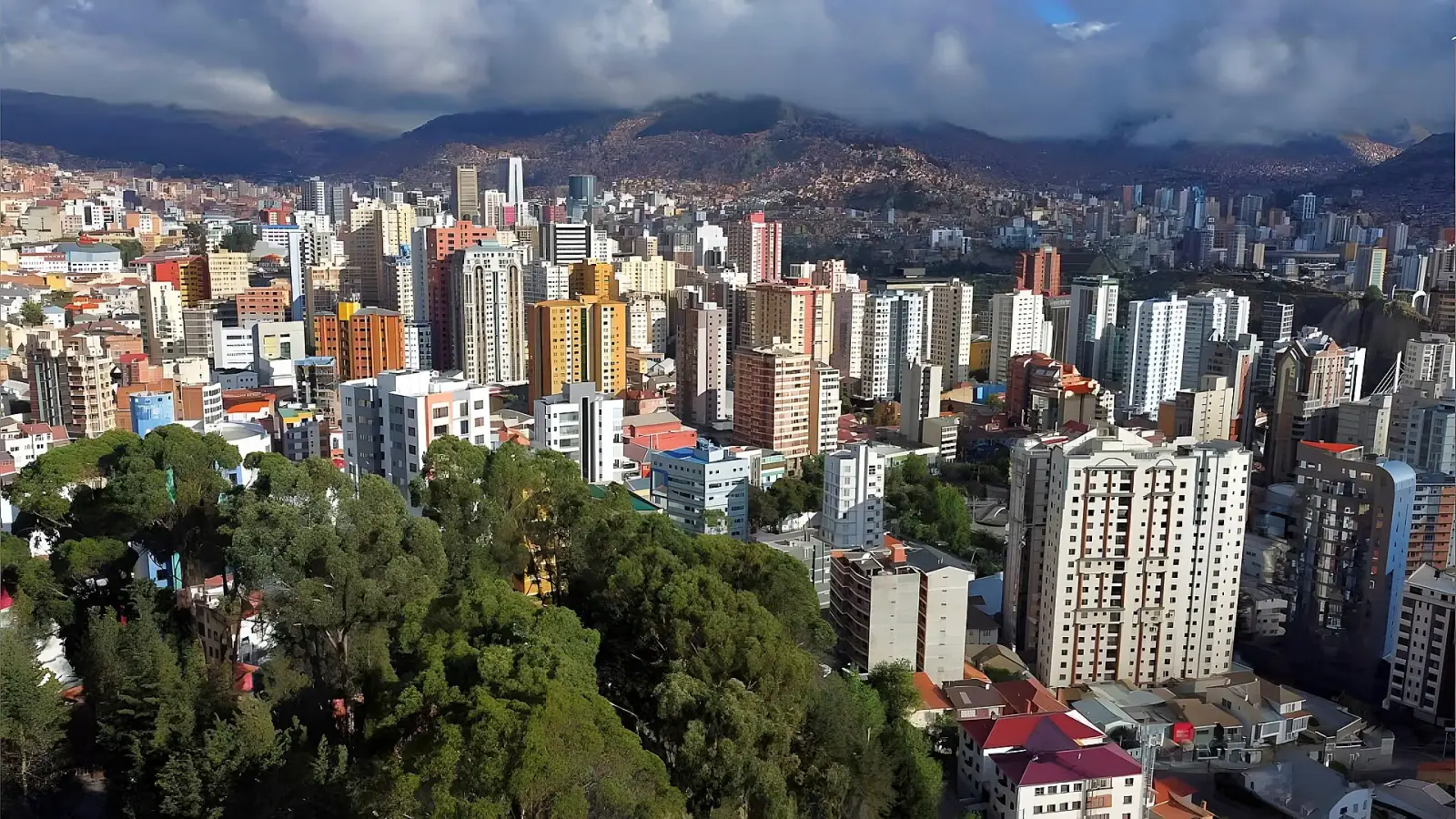 Aerial view of La Paz Bolivia skyline with Andean mountains