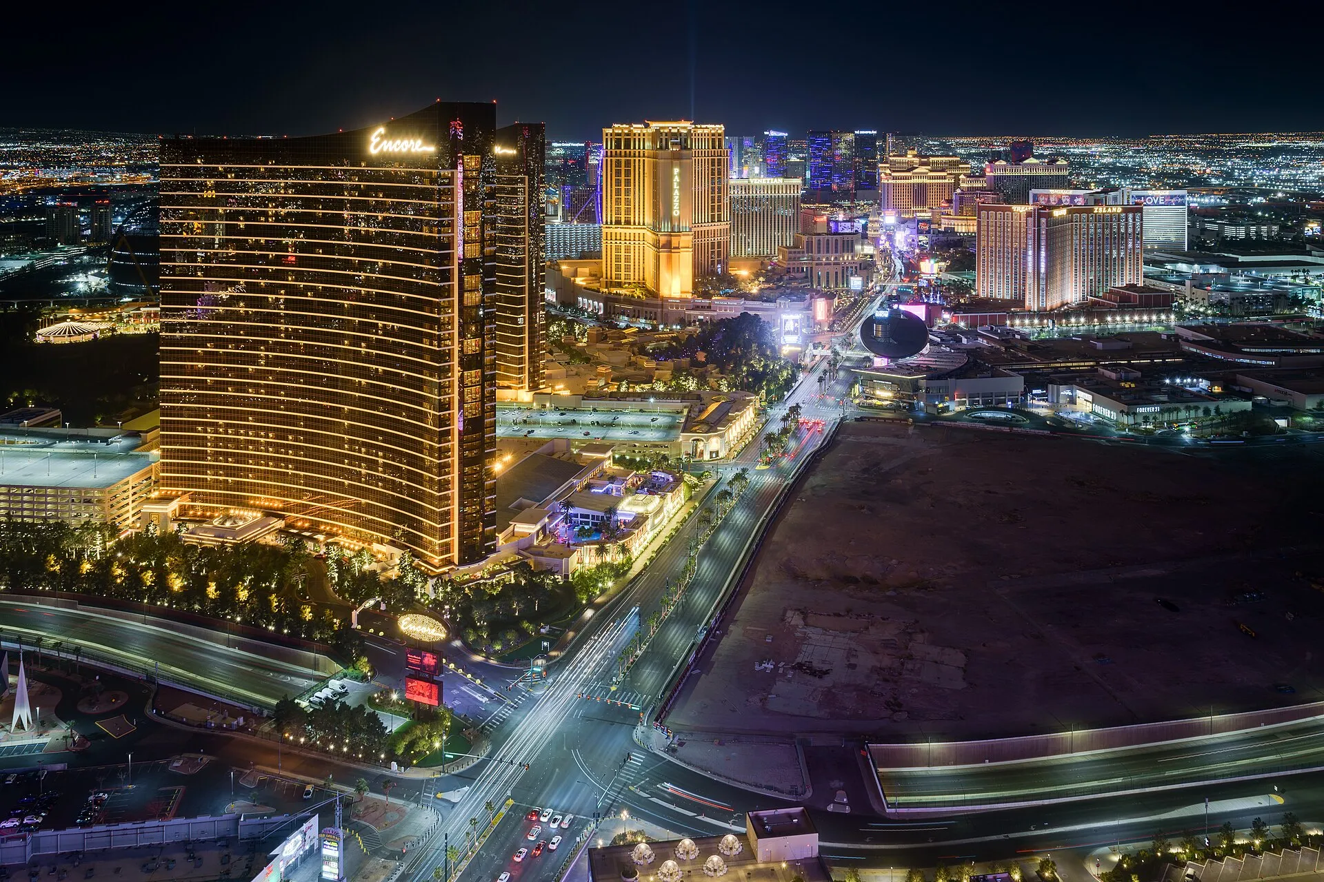 Aerial night view of the illuminated Las Vegas Strip resorts and casinos