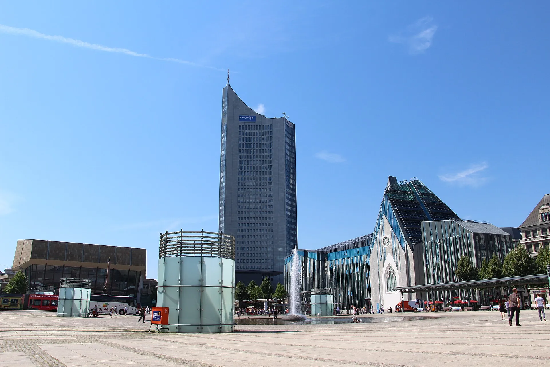 Augustusplatz Leipzig with City-Hochhaus tower and Paulinum university building under blue sky