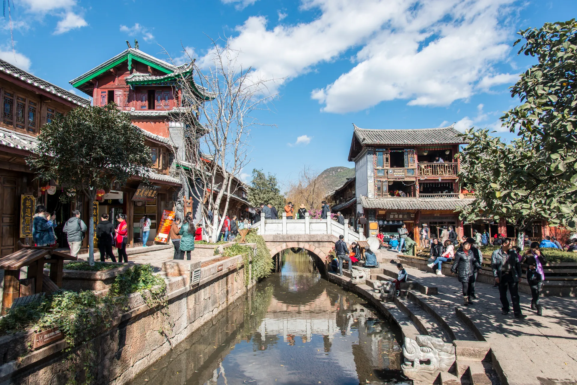 A canal and bridge in Lijiang Old Town, China