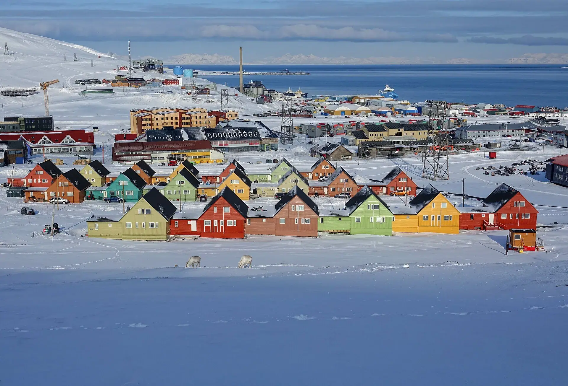 The painted timber houses of Longyearbyen in the snow