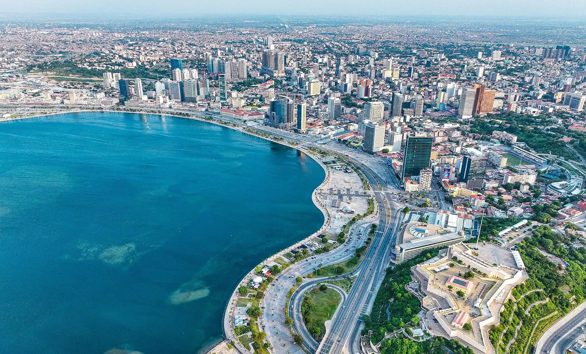 The bay of Luanda and the city behind it, from the air