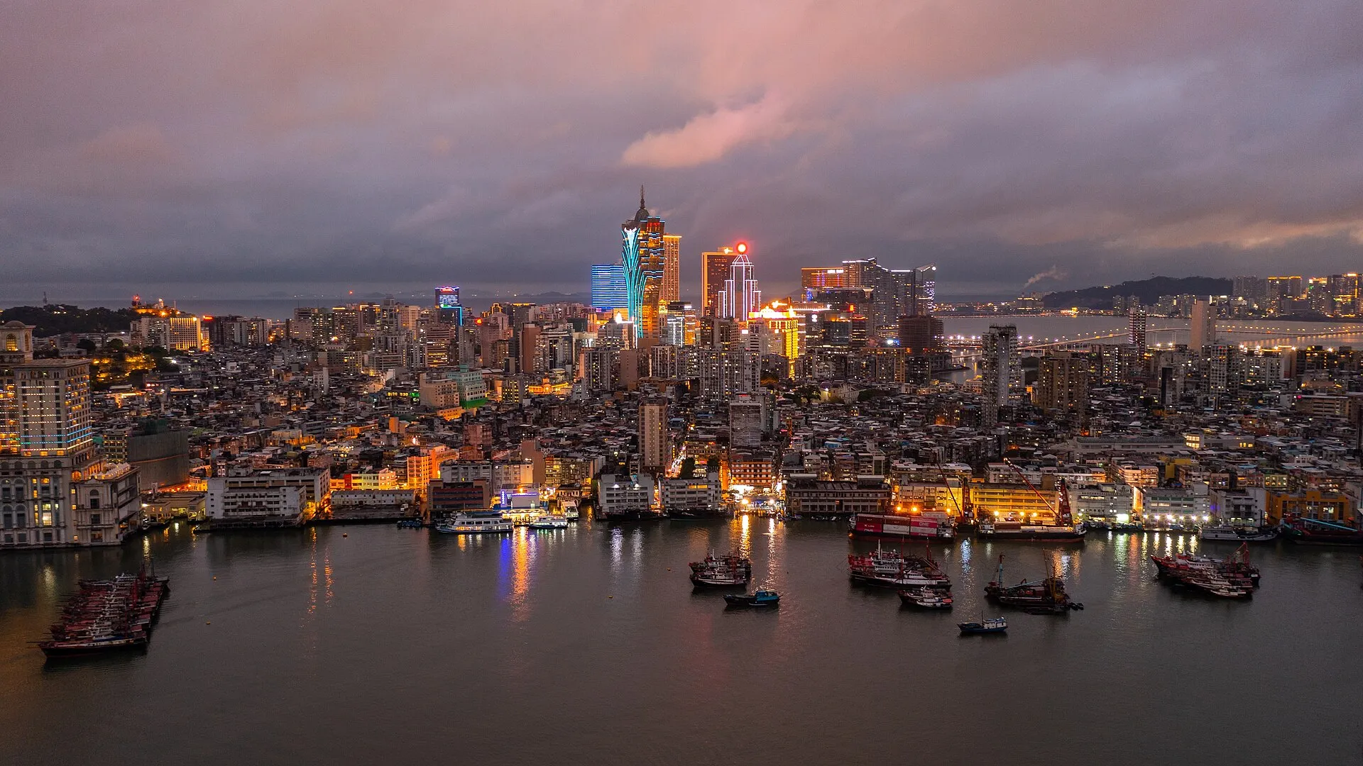 The Macau peninsula at dusk from across the water