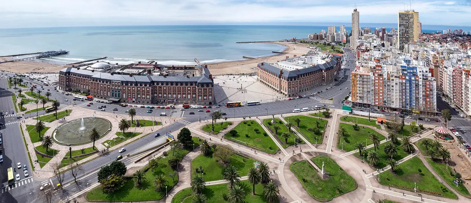 Aerial panoramic view of Hotel Provincial, Casino, and Plaza Colon in Mar del Plata with the Atlantic Ocean in the background