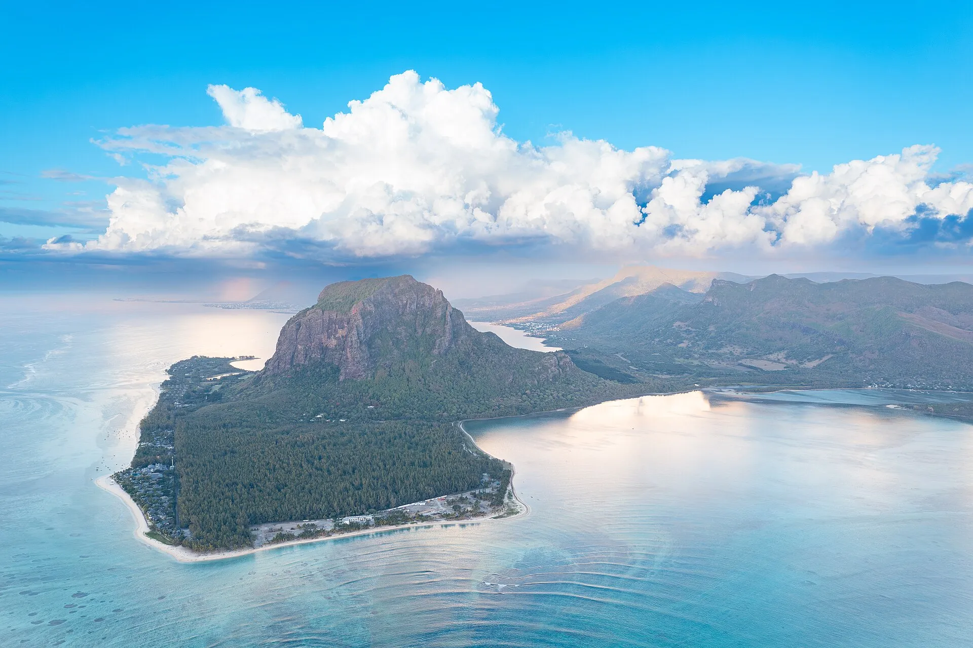 Aerial drone view of Le Morne Brabant peninsula and turquoise lagoon, Mauritius